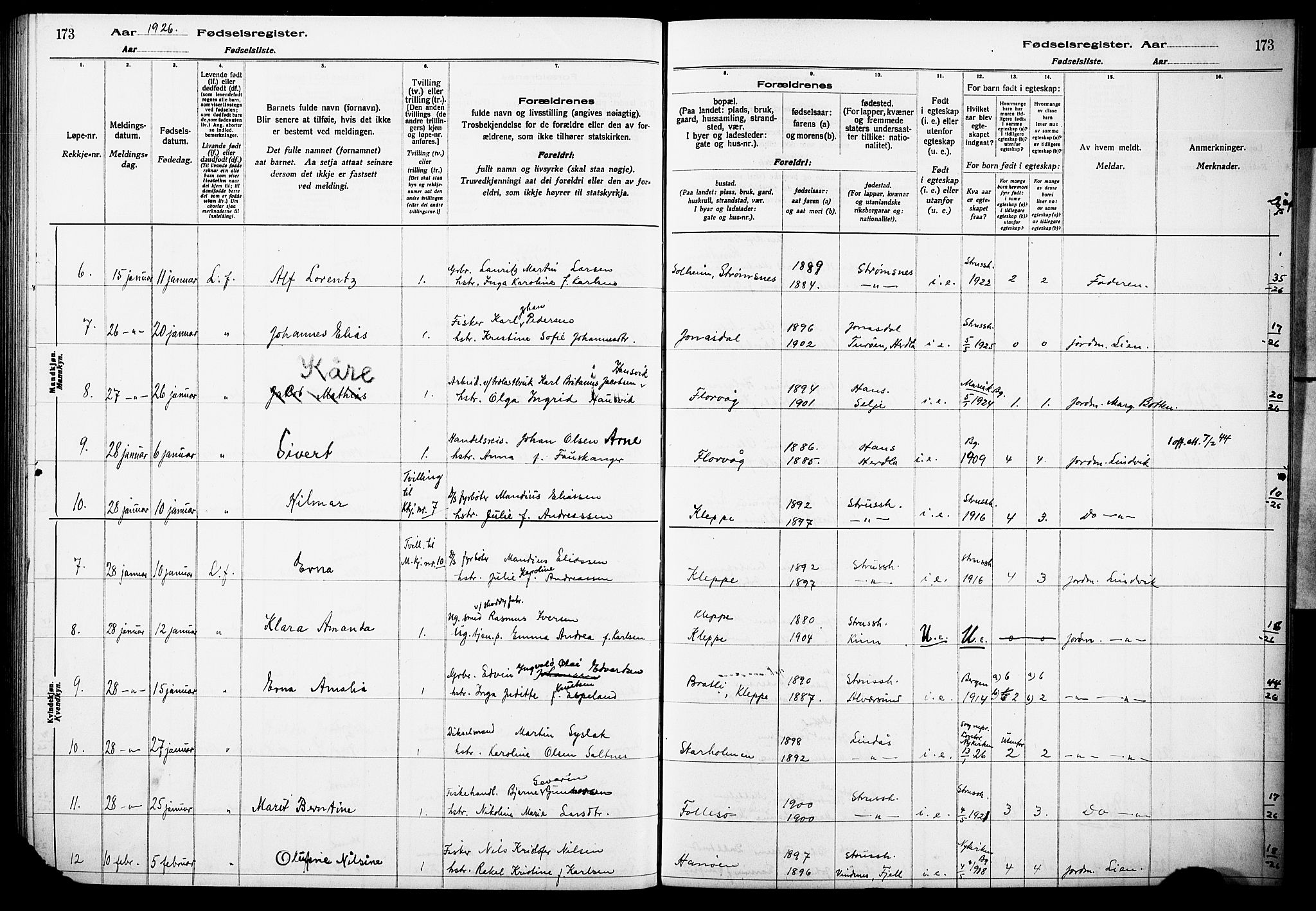 Askøy Sokneprestembete, AV/SAB-A-74101/I/Id/L00A1: Birth register no. A 1, 1916-1928, p. 173