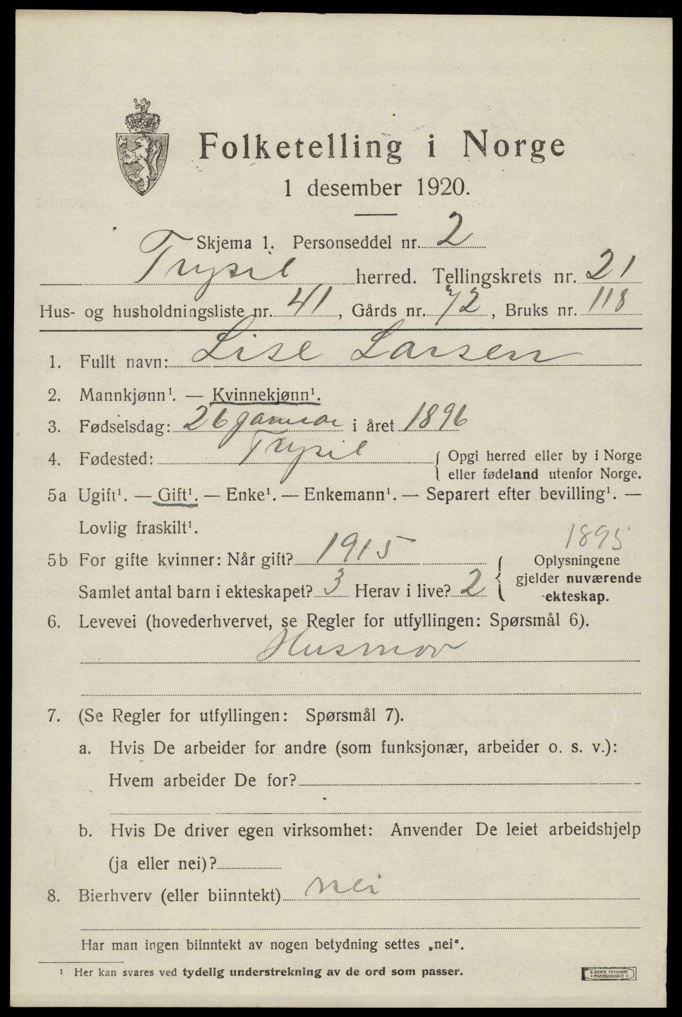 SAH, 1920 census for Trysil, 1920, p. 14261