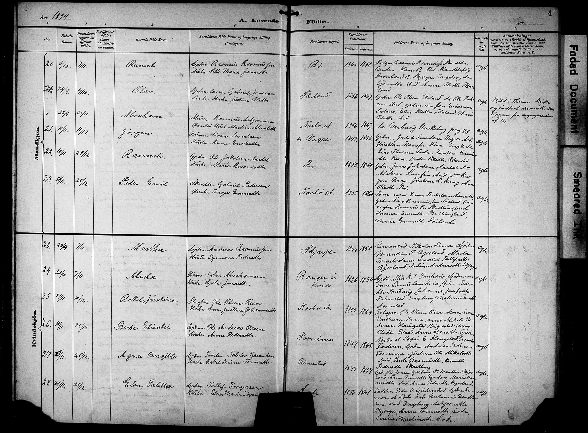 Hå sokneprestkontor, AV/SAST-A-101801/001/30BB/L0005: Parish register (copy) no. B 5, 1894-1912, p. 4