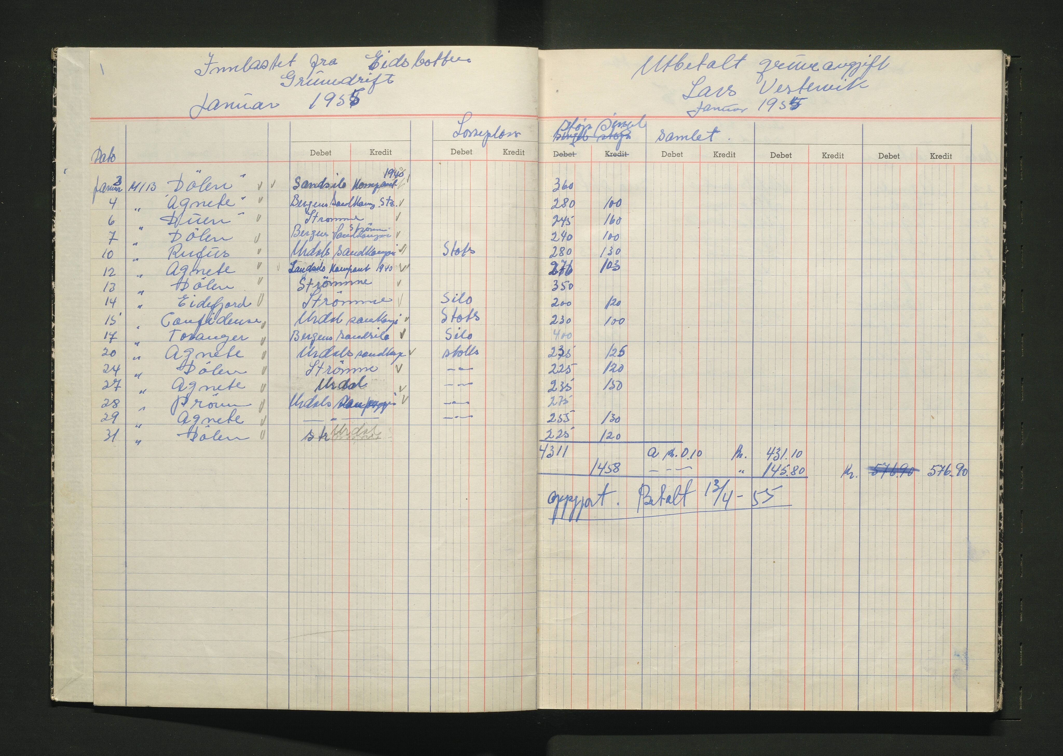 Osterfjorden fartøy- og sandeigarlag AL, IKAH/1263-Pa0031/R/Rb/L0001: Protokoll over innbetalte gruveavgifter, 1955-1956