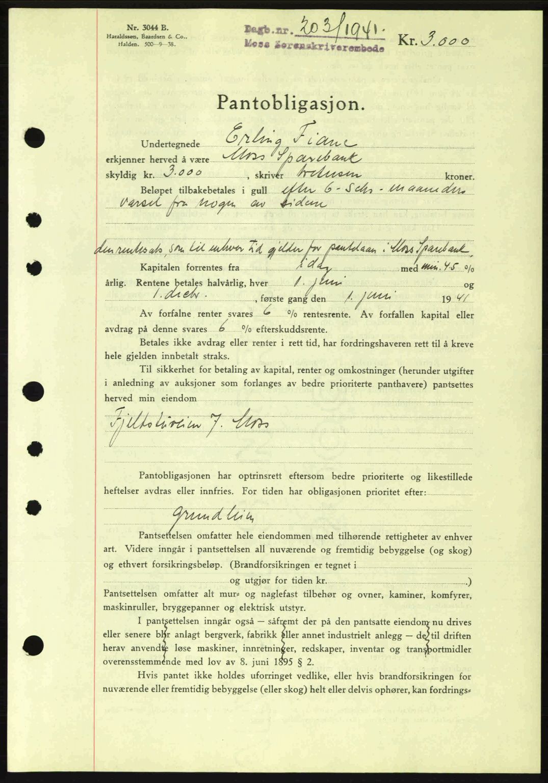 Moss sorenskriveri, SAO/A-10168: Mortgage book no. B10, 1940-1941, Diary no: : 203/1941