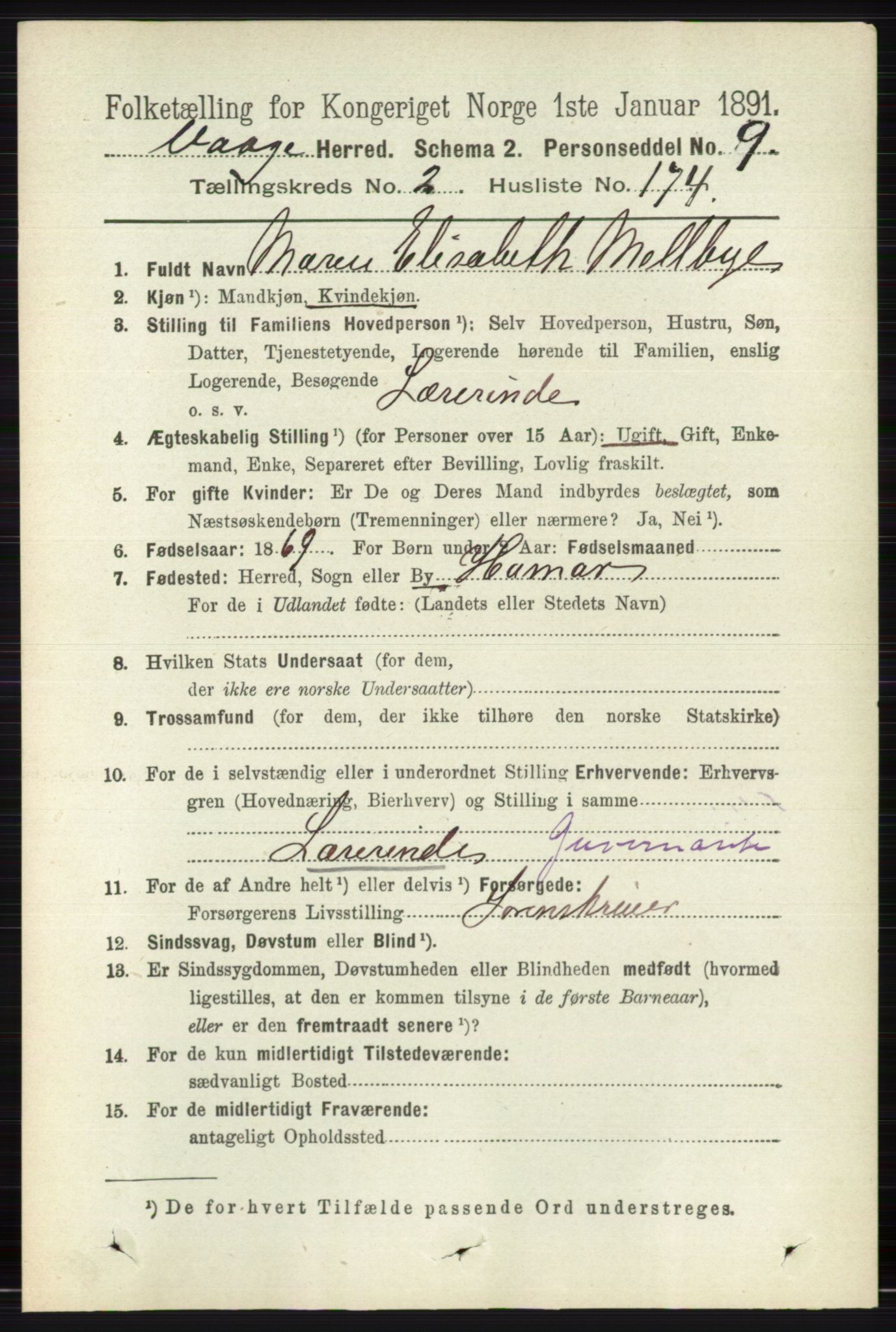 RA, 1891 census for 0515 Vågå, 1891, p. 2179