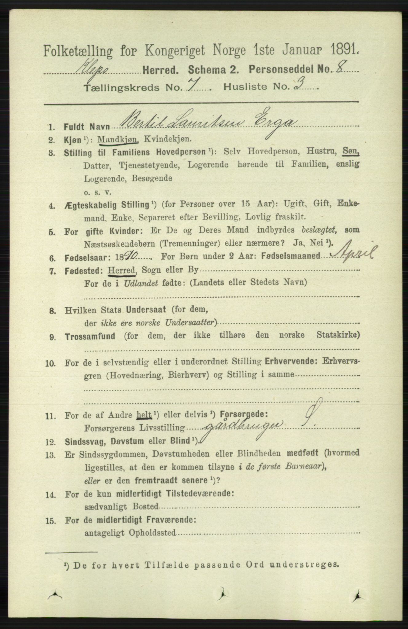 RA, 1891 census for 1120 Klepp, 1891, p. 2133