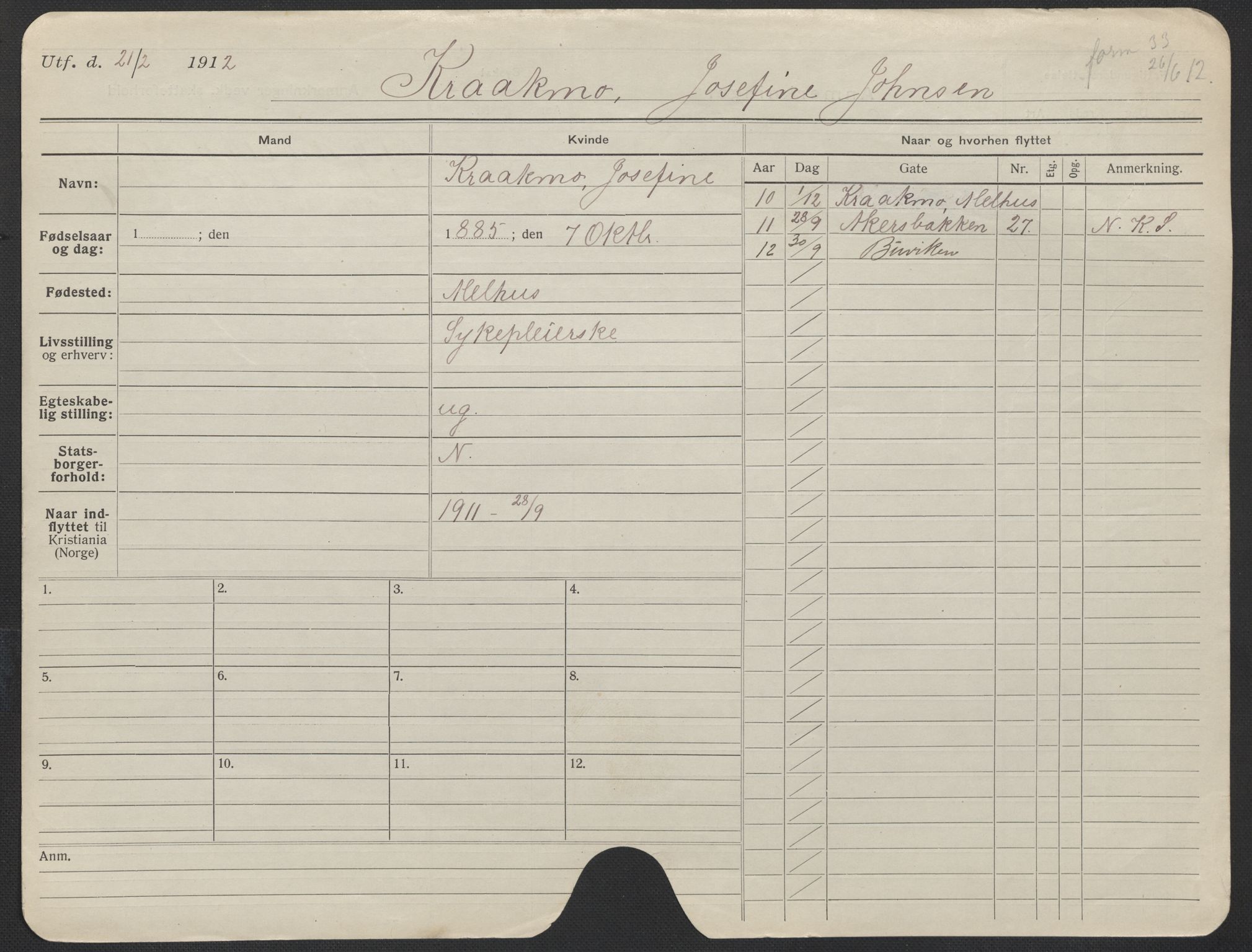 Oslo folkeregister, Registerkort, AV/SAO-A-11715/F/Fa/Fac/L0019: Kvinner, 1906-1914, p. 74a