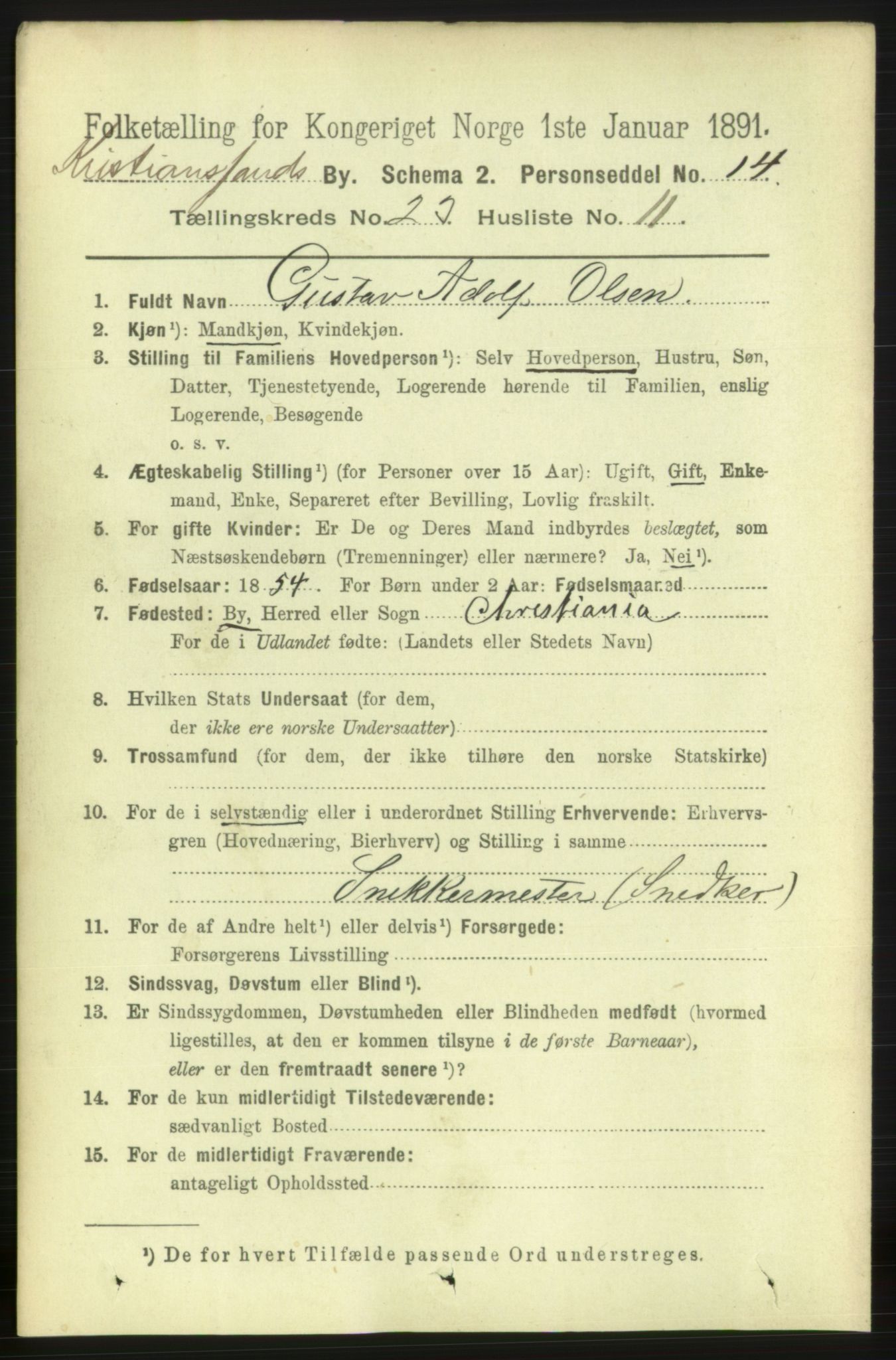 RA, 1891 census for 1001 Kristiansand, 1891, p. 8539