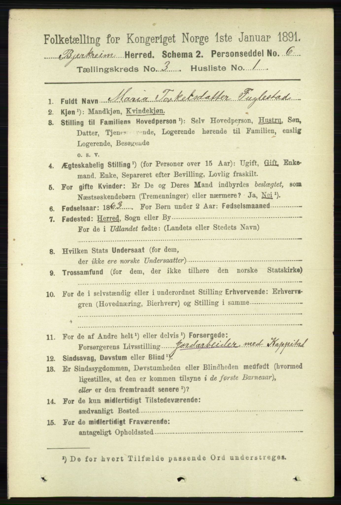 RA, 1891 census for 1114 Bjerkreim, 1891, p. 897