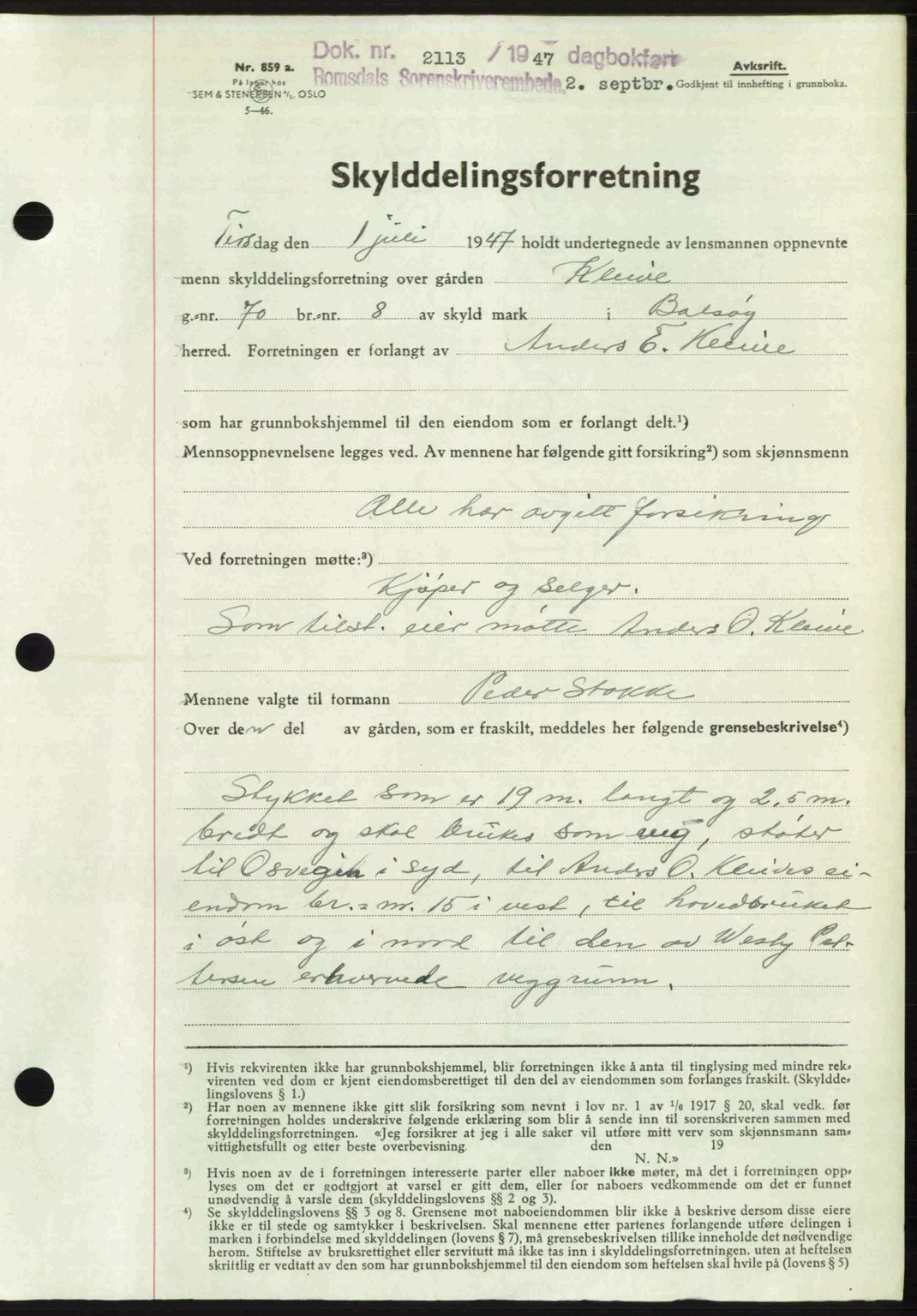 Romsdal sorenskriveri, AV/SAT-A-4149/1/2/2C: Mortgage book no. A23, 1947-1947, Diary no: : 2113/1947