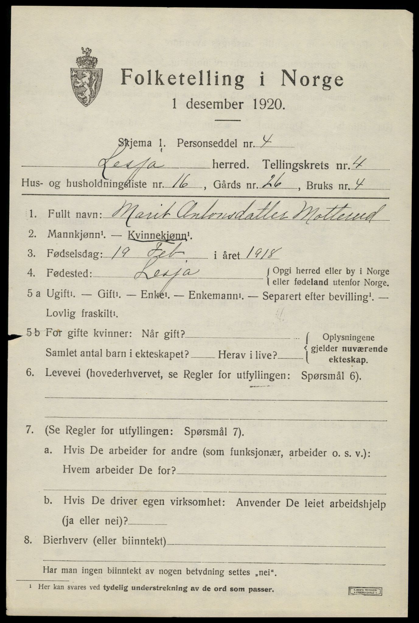 SAH, 1920 census for Lesja, 1920, p. 2792