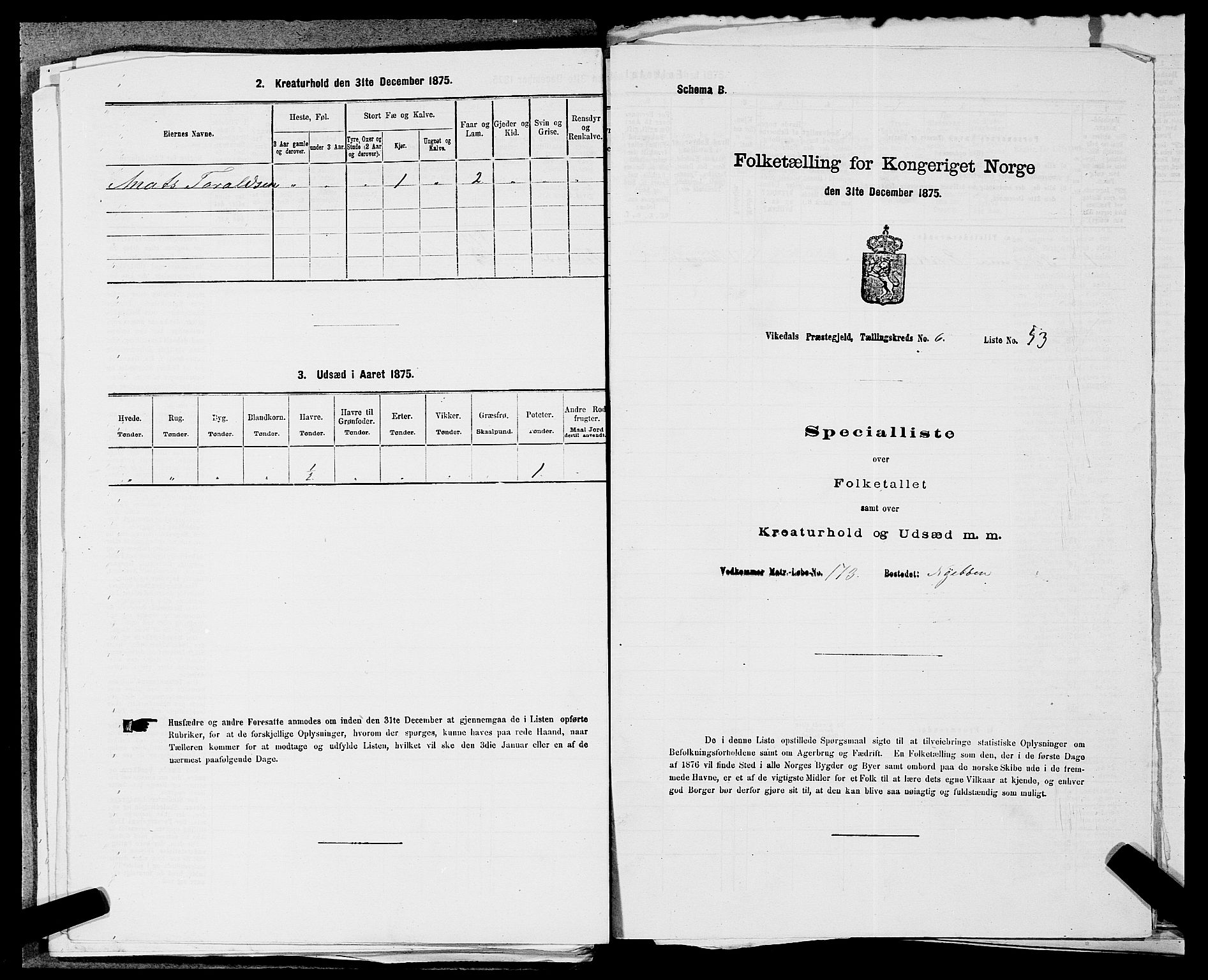 SAST, 1875 census for 1157P Vikedal, 1875, p. 764