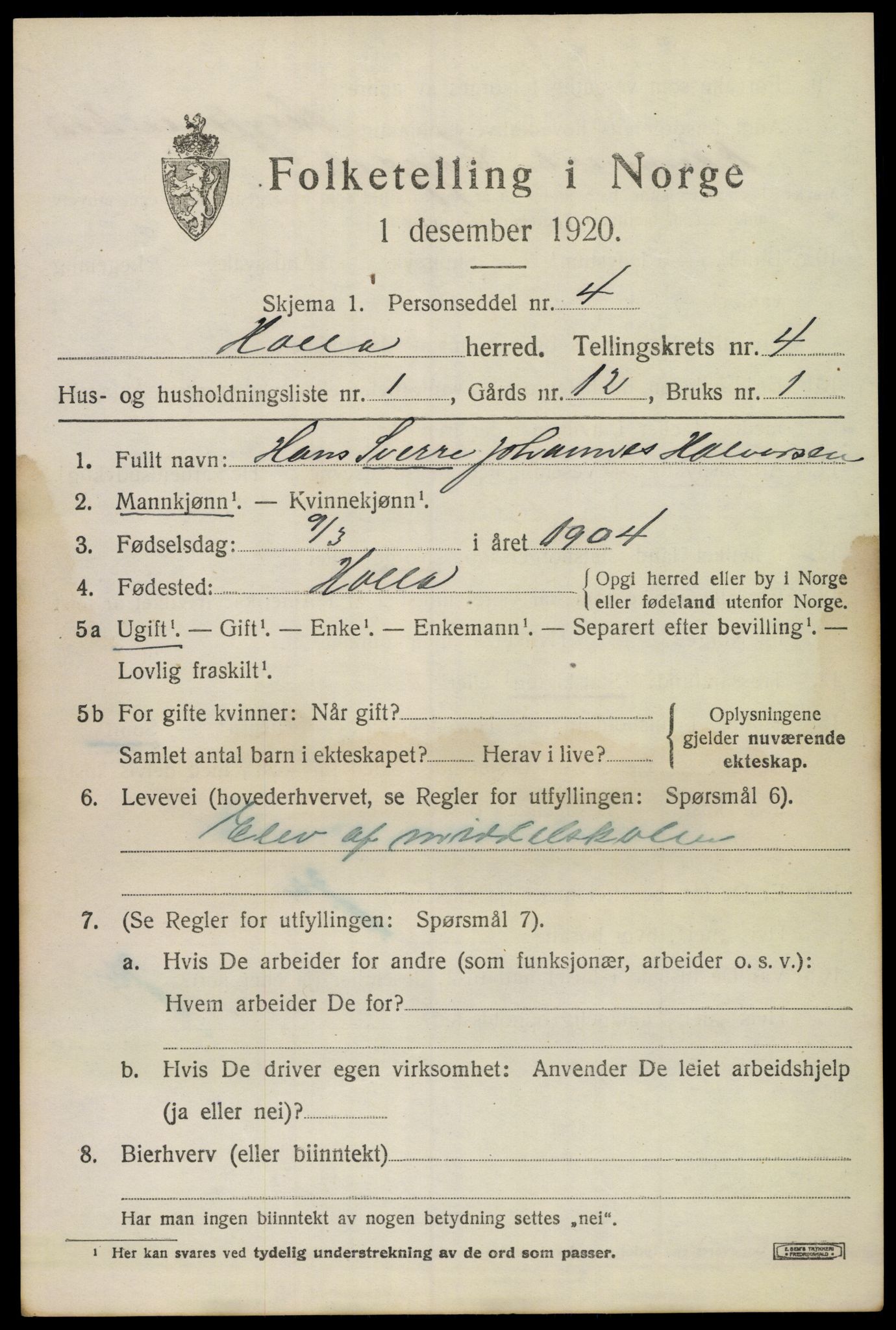 SAKO, 1920 census for Holla, 1920, p. 3615