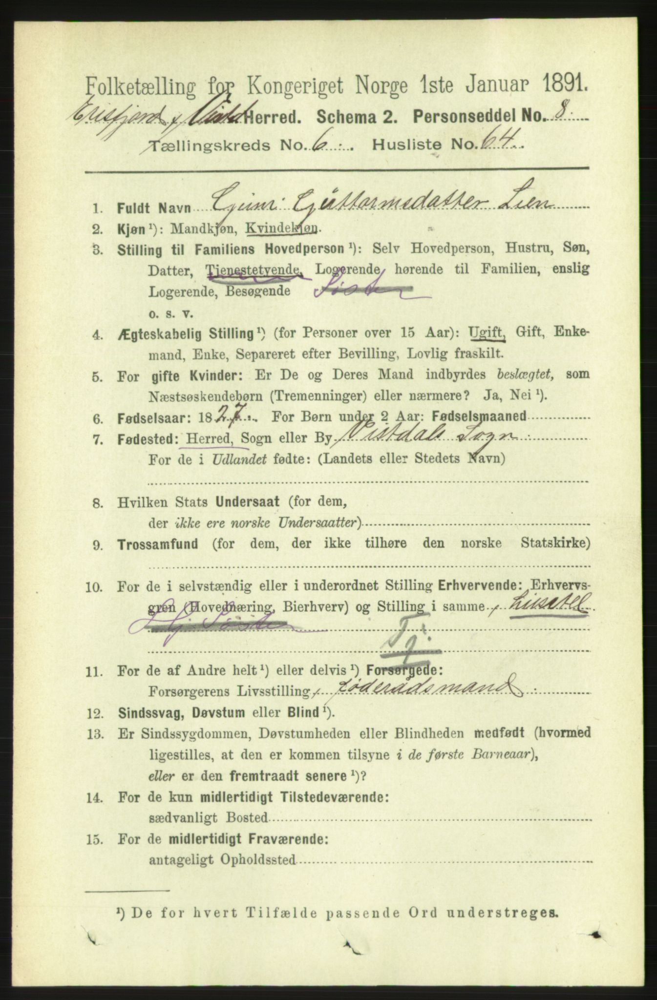 RA, 1891 census for 1542 Eresfjord og Vistdal, 1891, p. 1907