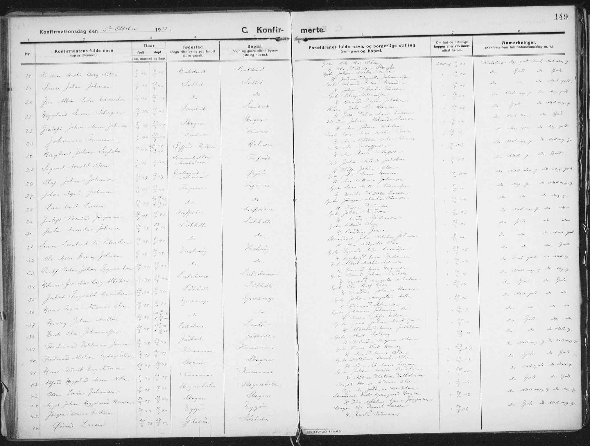 Lenvik sokneprestembete, AV/SATØ-S-1310/H/Ha/Haa/L0016kirke: Parish register (official) no. 16, 1910-1924, p. 149