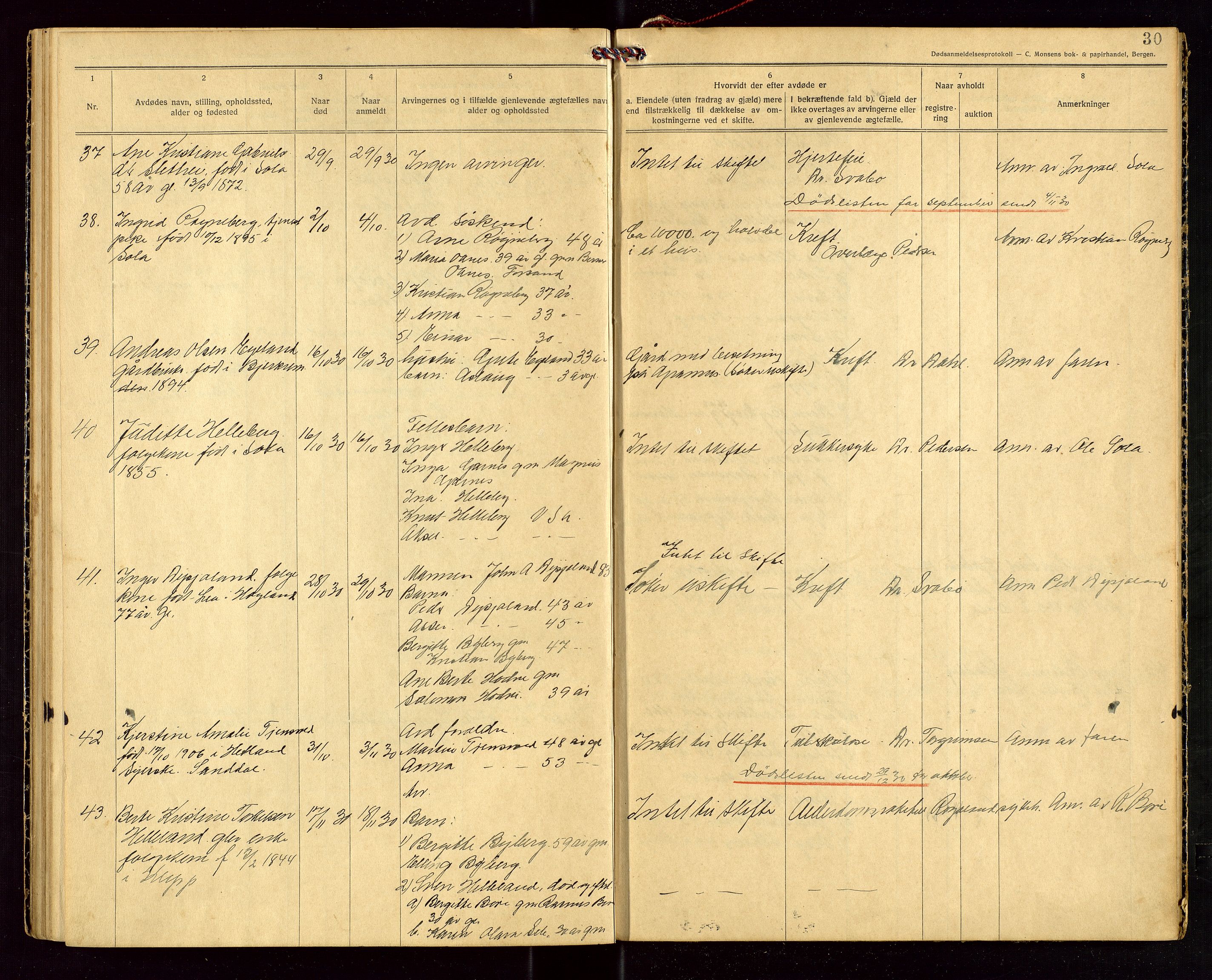 Håland lensmannskontor, AV/SAST-A-100100/Gga/L0003: "Dødsanmeldelser 1926 - 1931 for Haaland", 1926-1931, p. 30