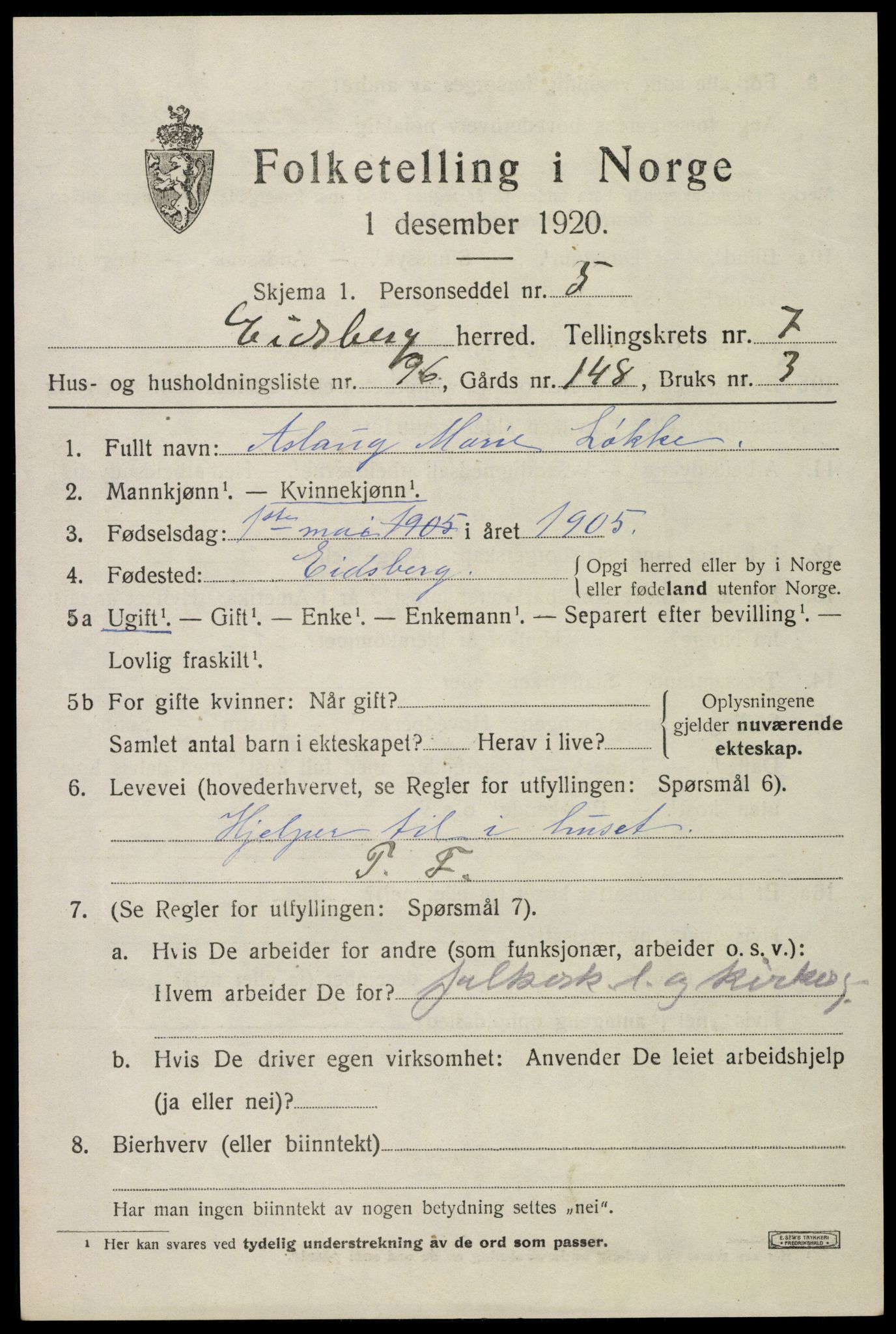 SAO, 1920 census for Eidsberg, 1920, p. 9673