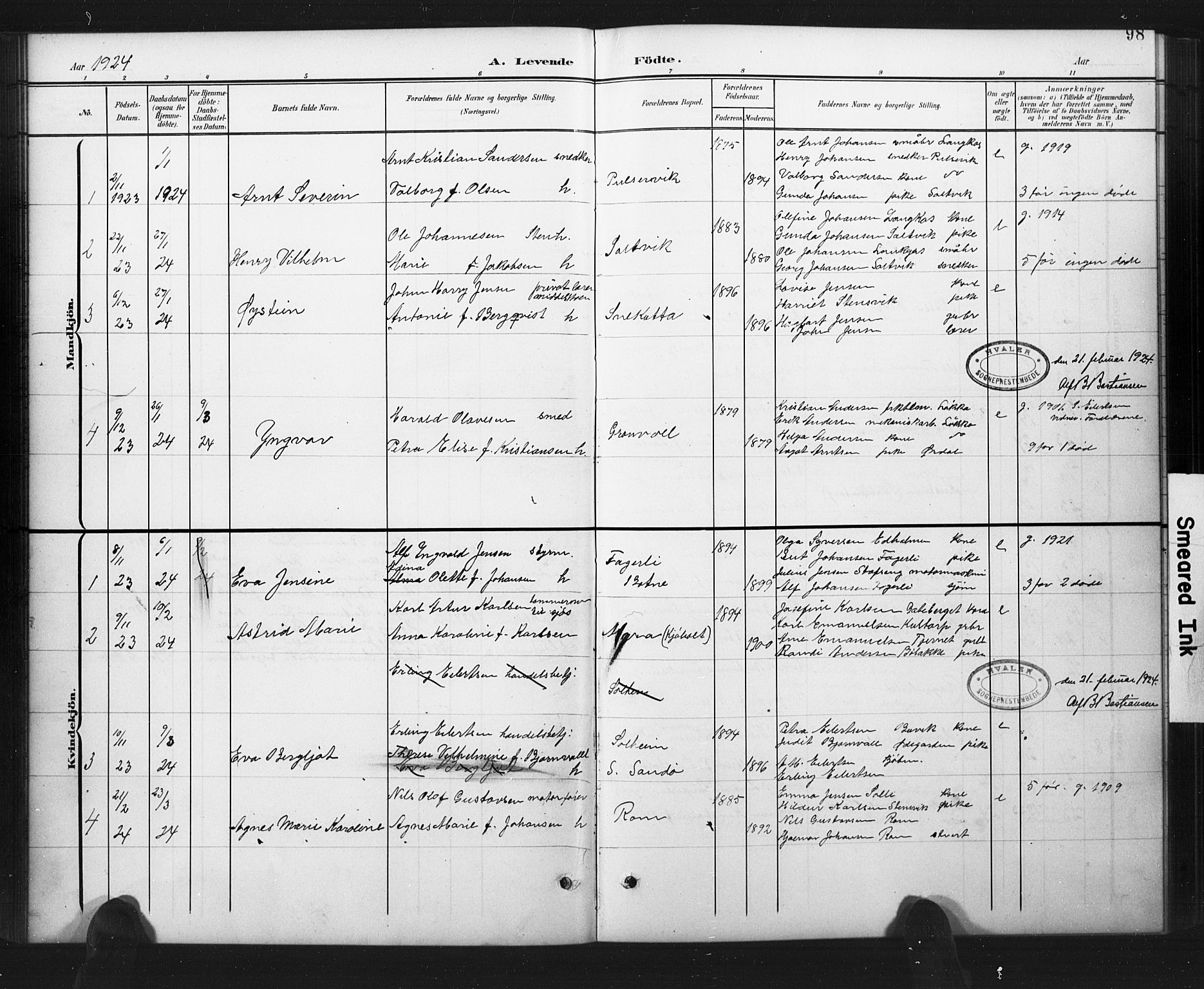 Hvaler prestekontor Kirkebøker, AV/SAO-A-2001/G/Ga/L0001: Parish register (copy) no. I 1, 1901-1930, p. 98