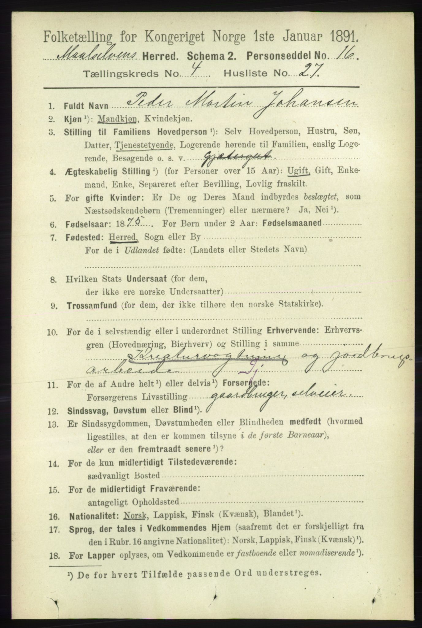RA, 1891 census for 1924 Målselv, 1891, p. 1292