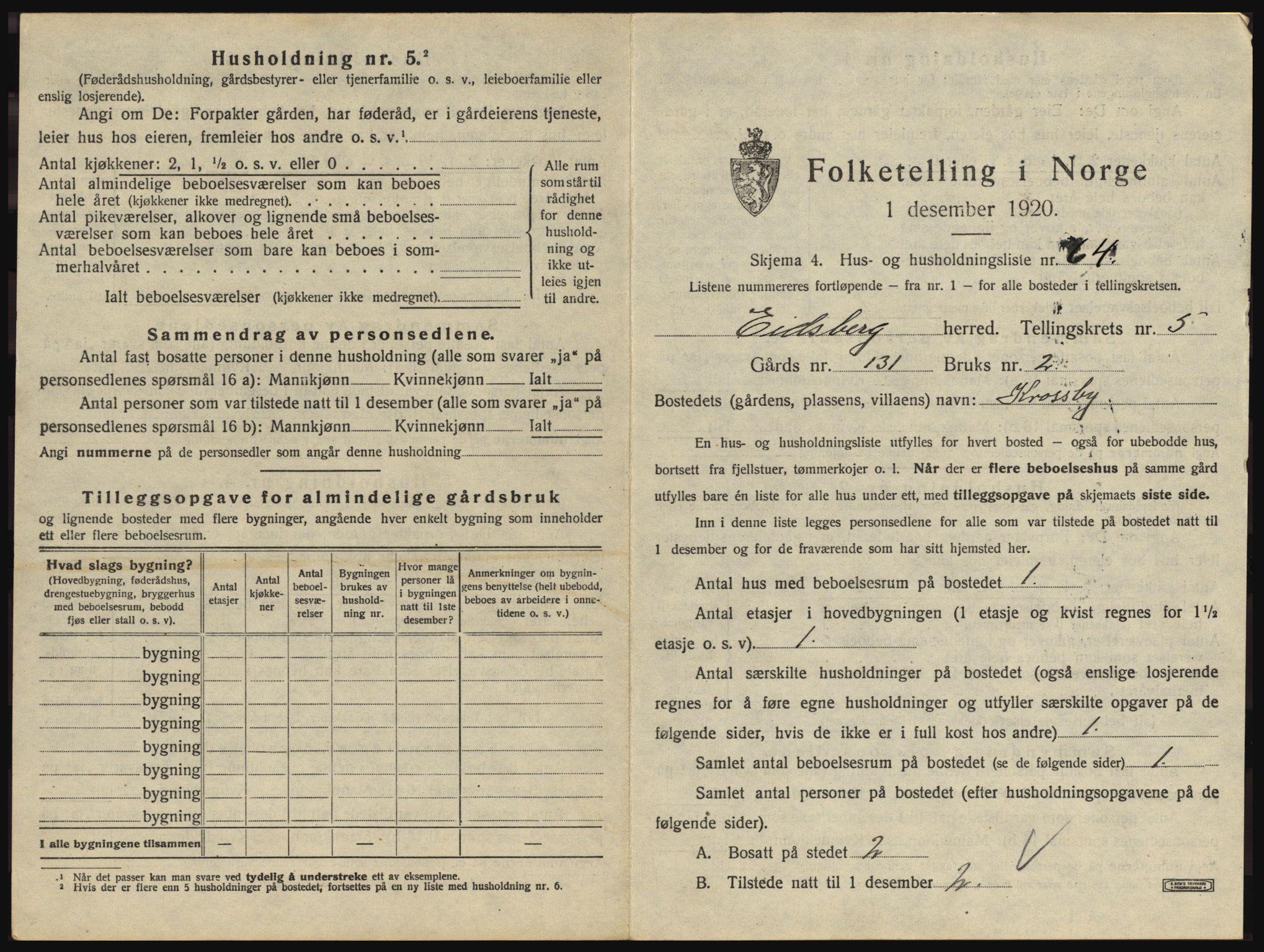 SAO, 1920 census for Eidsberg, 1920, p. 979