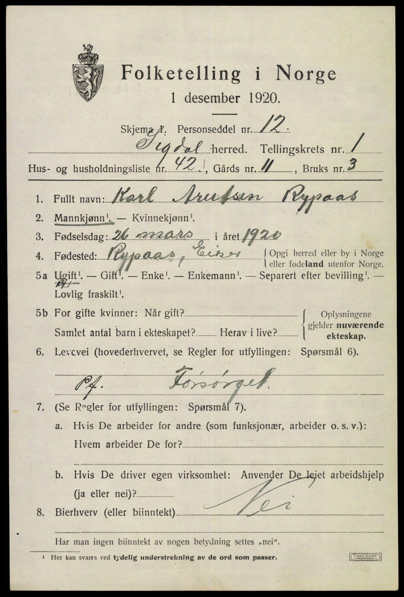 SAKO, 1920 census for Sigdal, 1920, p. 1924