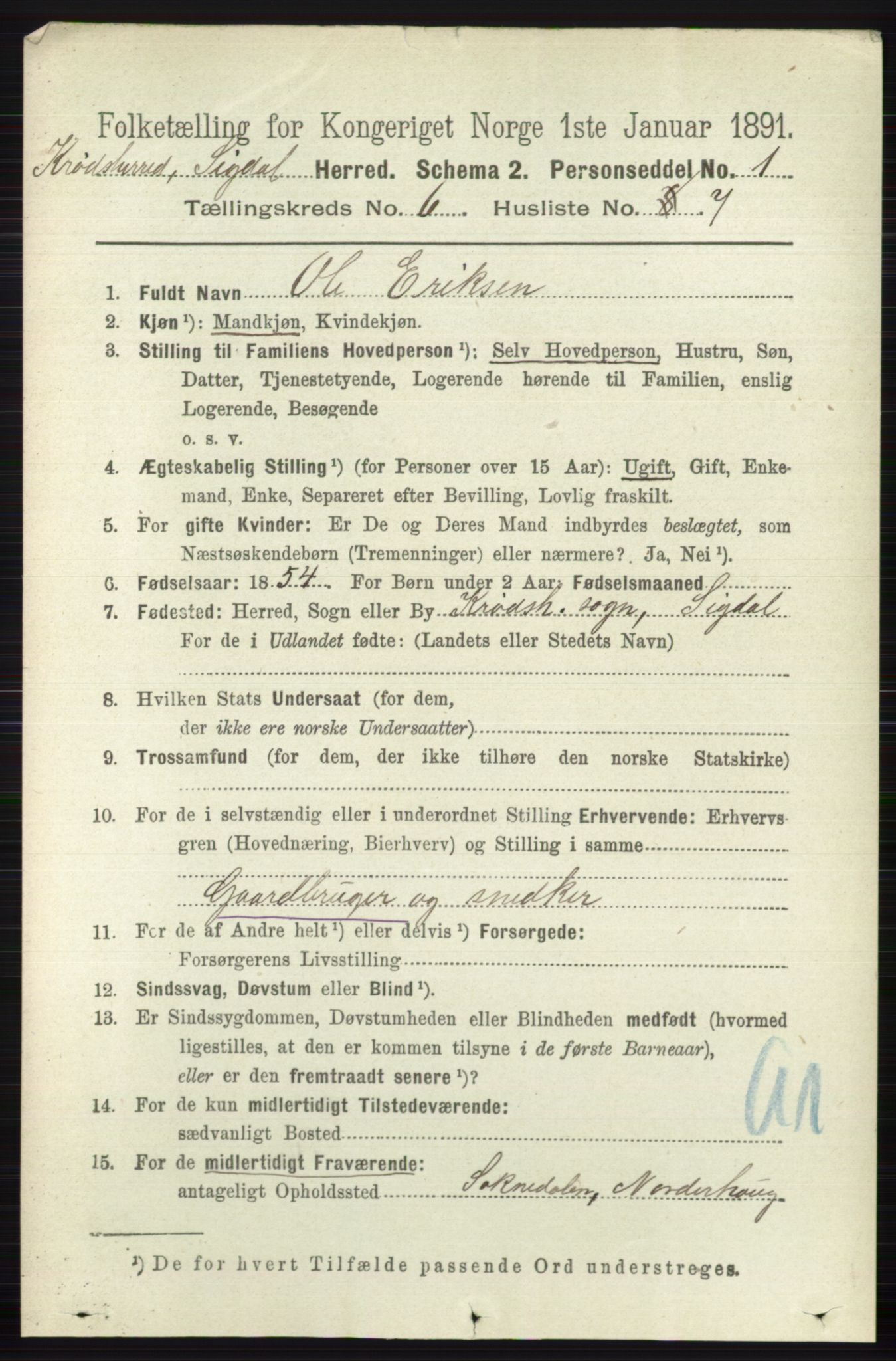 RA, 1891 census for 0621 Sigdal, 1891, p. 6671