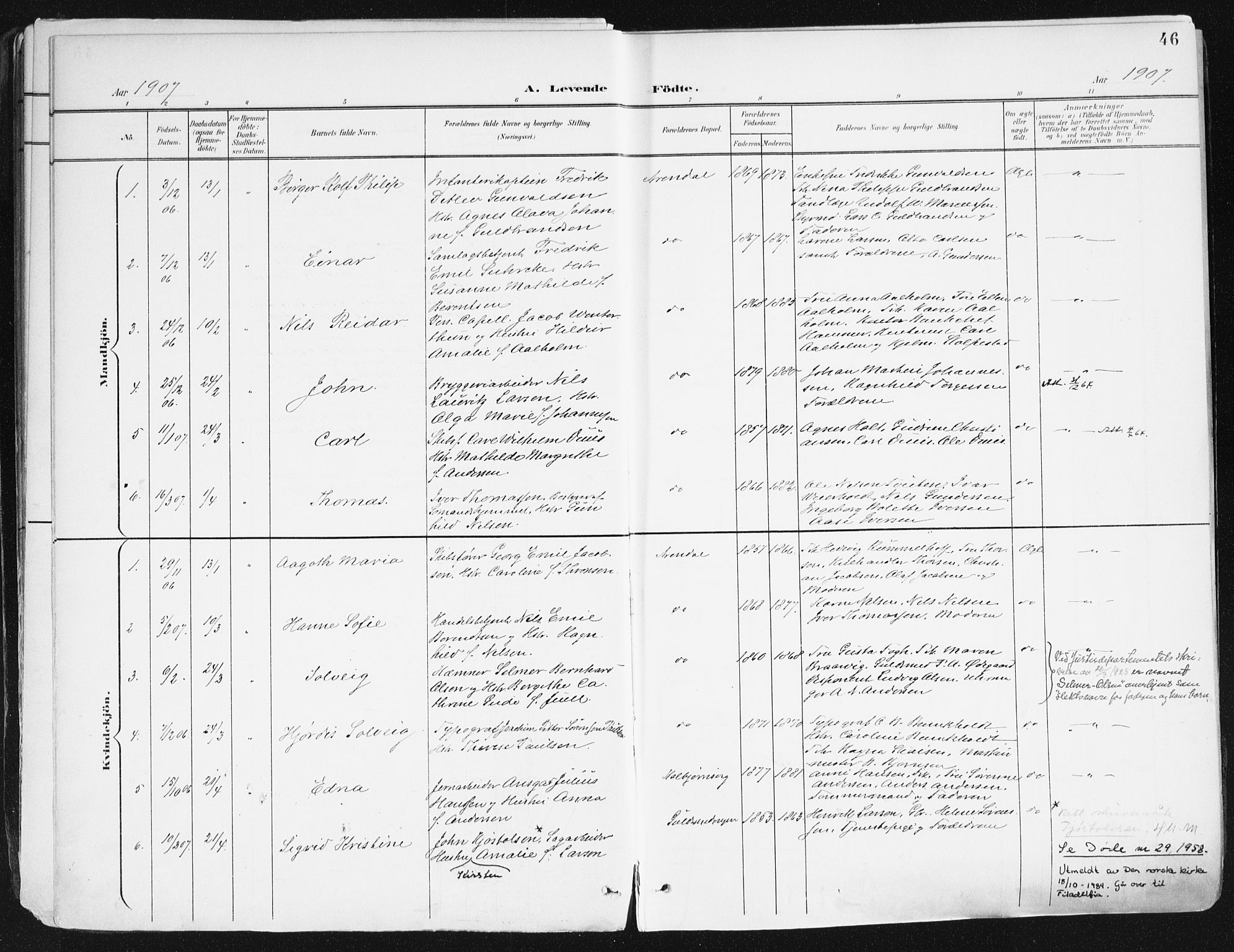 Arendal sokneprestkontor, Trefoldighet, SAK/1111-0040/F/Fa/L0010: Parish register (official) no. A 10, 1900-1919, p. 46