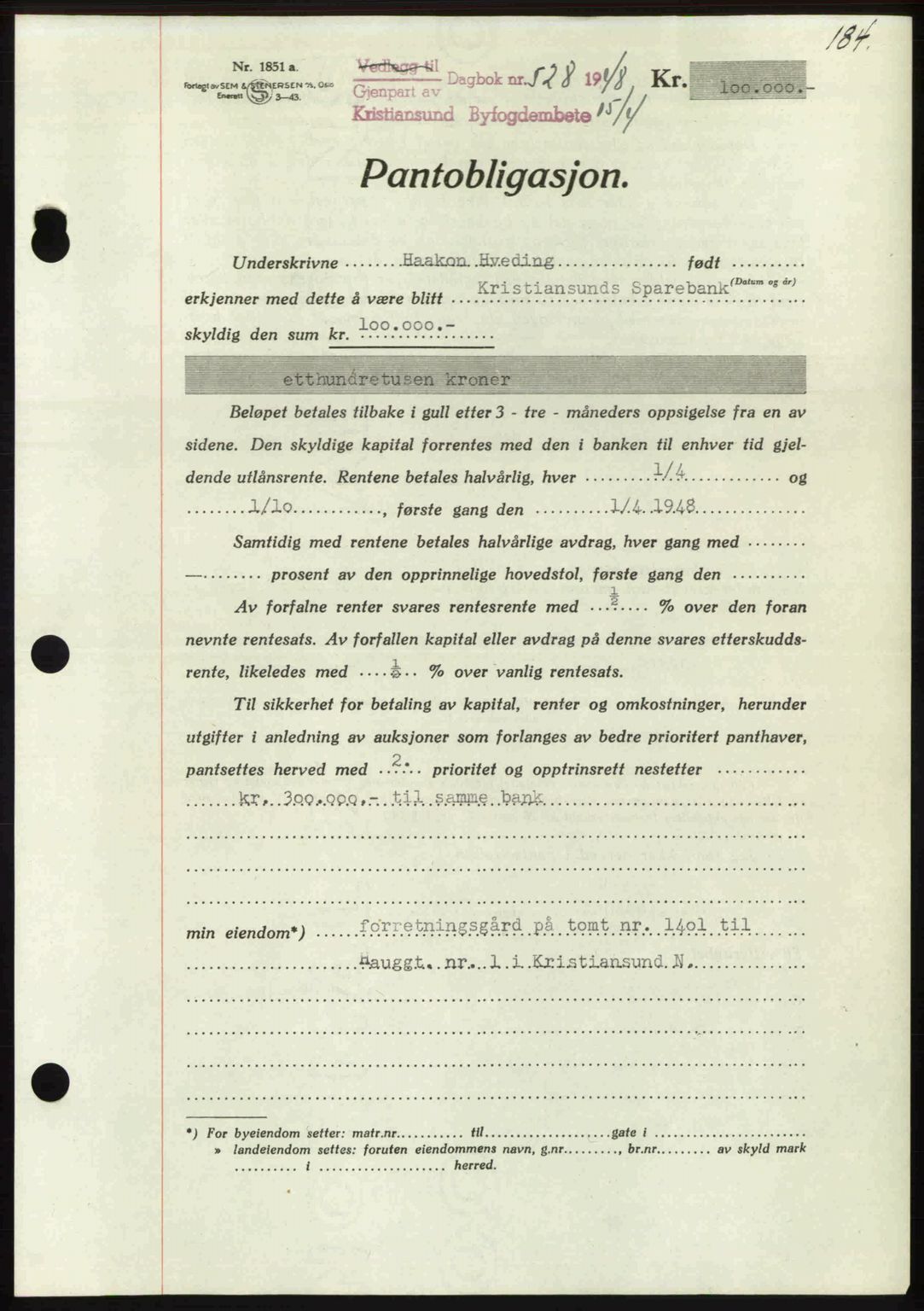 Kristiansund byfogd, AV/SAT-A-4587/A/27: Mortgage book no. 44, 1947-1948, Diary no: : 528/1948