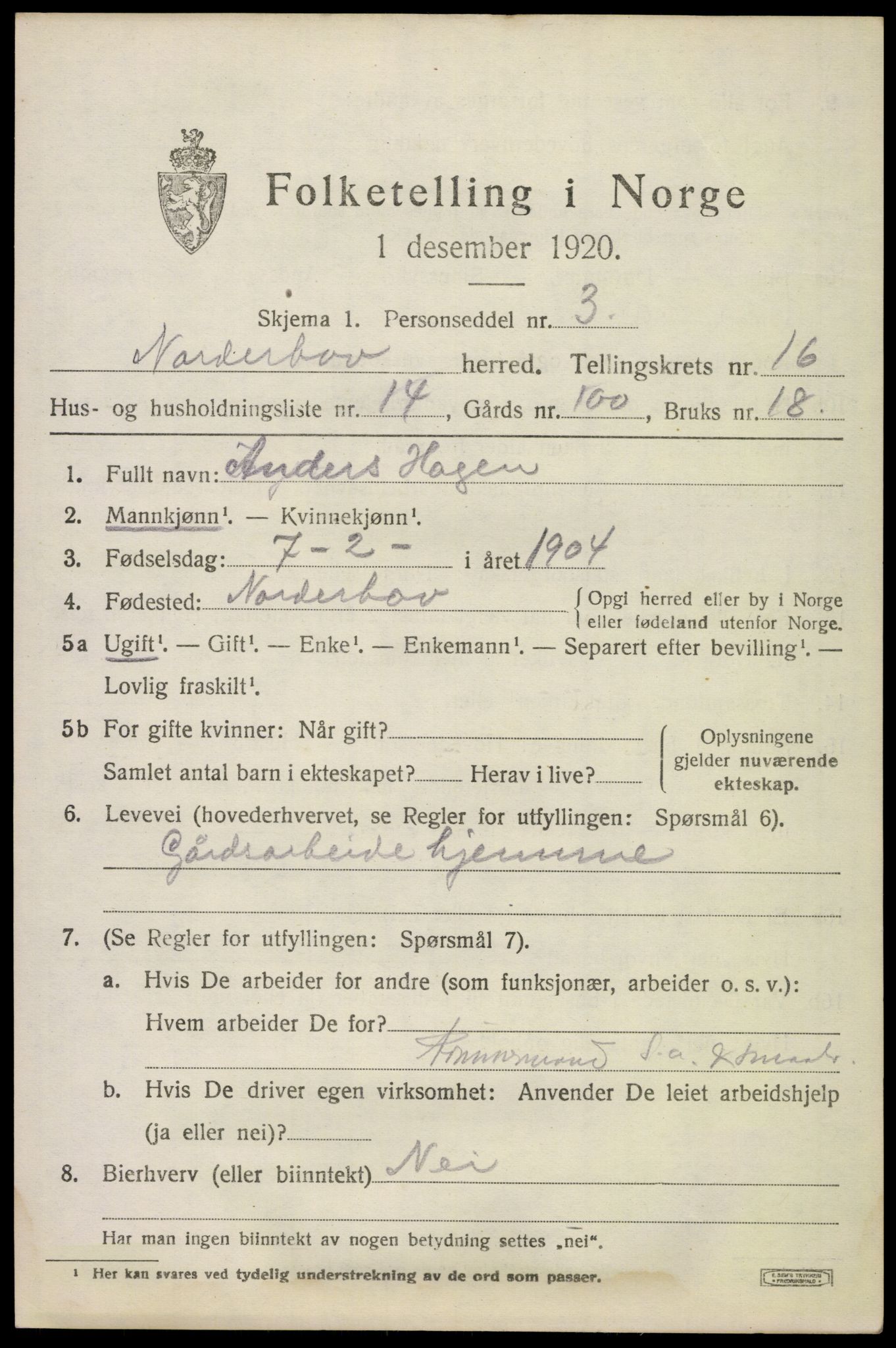 SAKO, 1920 census for Norderhov, 1920, p. 17798