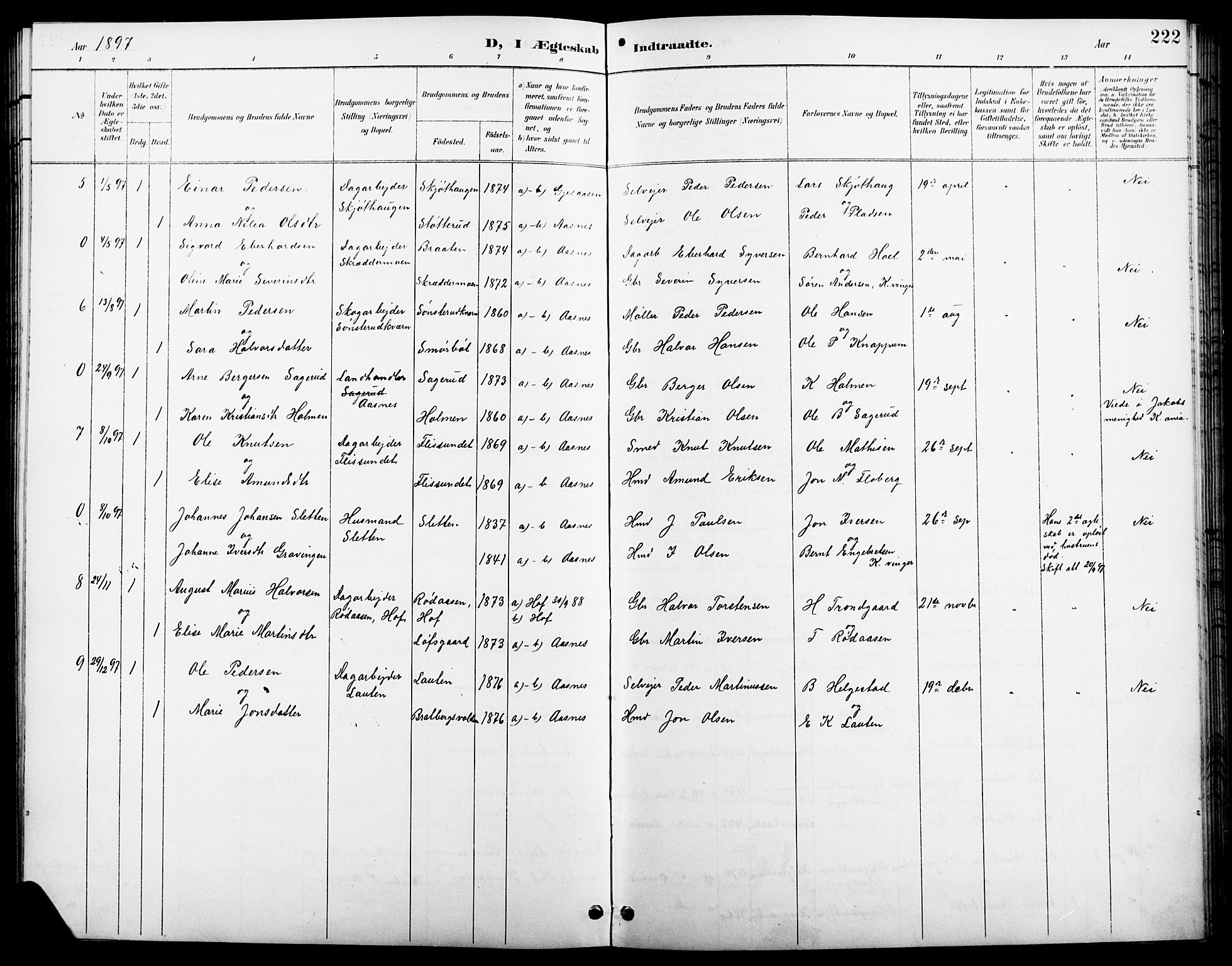 Åsnes prestekontor, SAH/PREST-042/H/Ha/Hab/L0004: Parish register (copy) no. 4, 1895-1909, p. 222