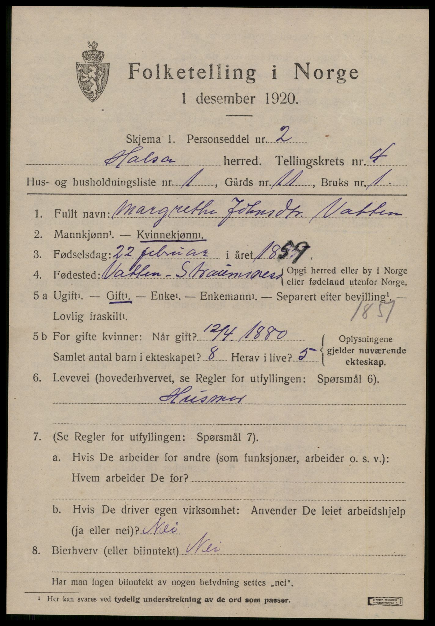 SAT, 1920 census for Halsa, 1920, p. 1625