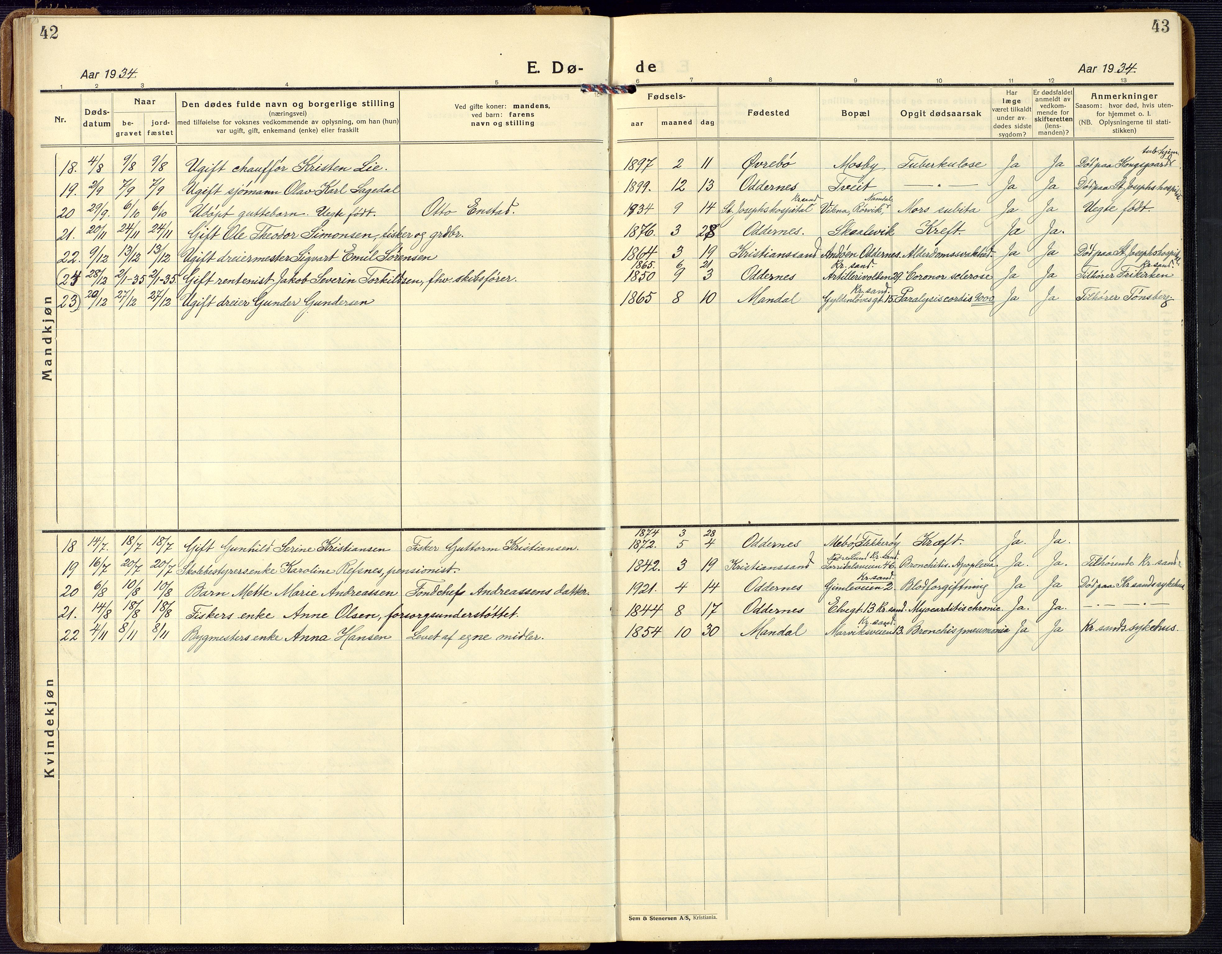 Oddernes sokneprestkontor, AV/SAK-1111-0033/F/Fb/Fba/L0011: Parish register (copy) no. B 11, 1923-1969, p. 42-43