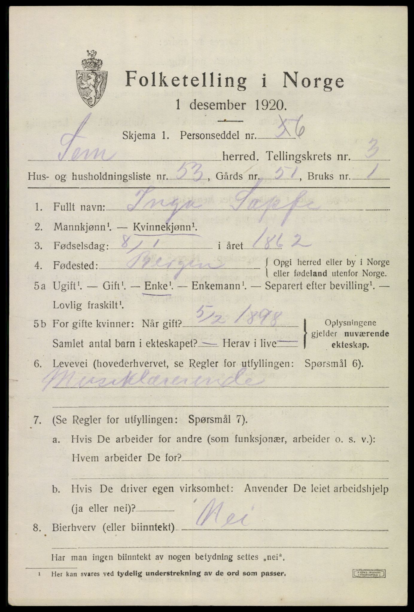 SAKO, 1920 census for Sem, 1920, p. 7061