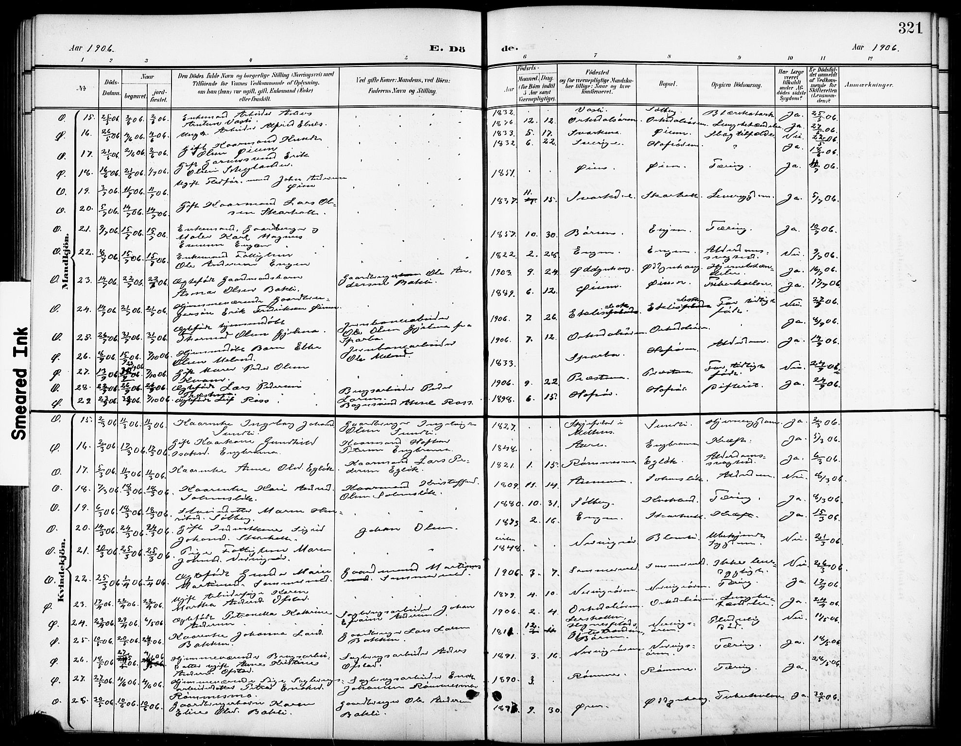 Ministerialprotokoller, klokkerbøker og fødselsregistre - Sør-Trøndelag, SAT/A-1456/668/L0819: Parish register (copy) no. 668C08, 1899-1912, p. 321