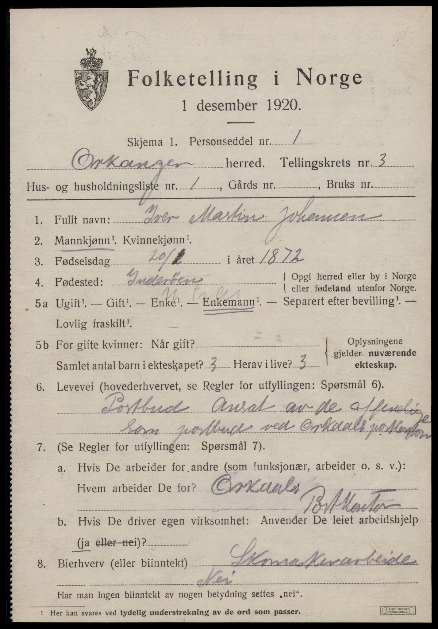 SAT, 1920 census for Orkanger, 1920, p. 1747