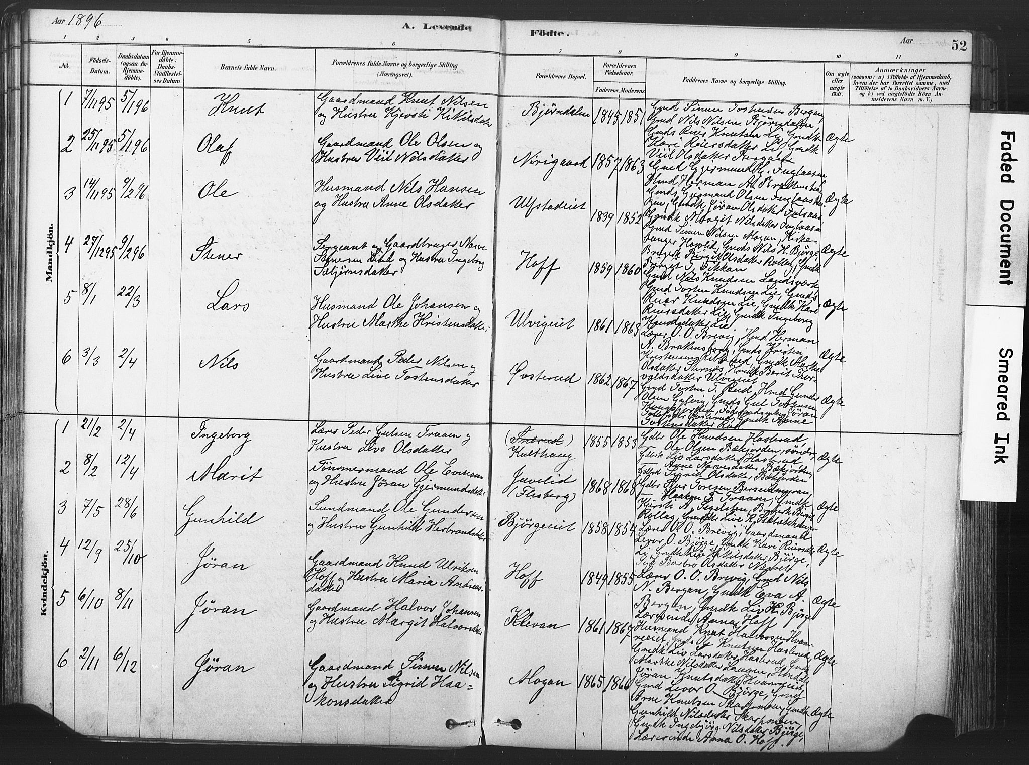 Rollag kirkebøker, SAKO/A-240/F/Fa/L0011: Parish register (official) no. I 11, 1878-1902, p. 52