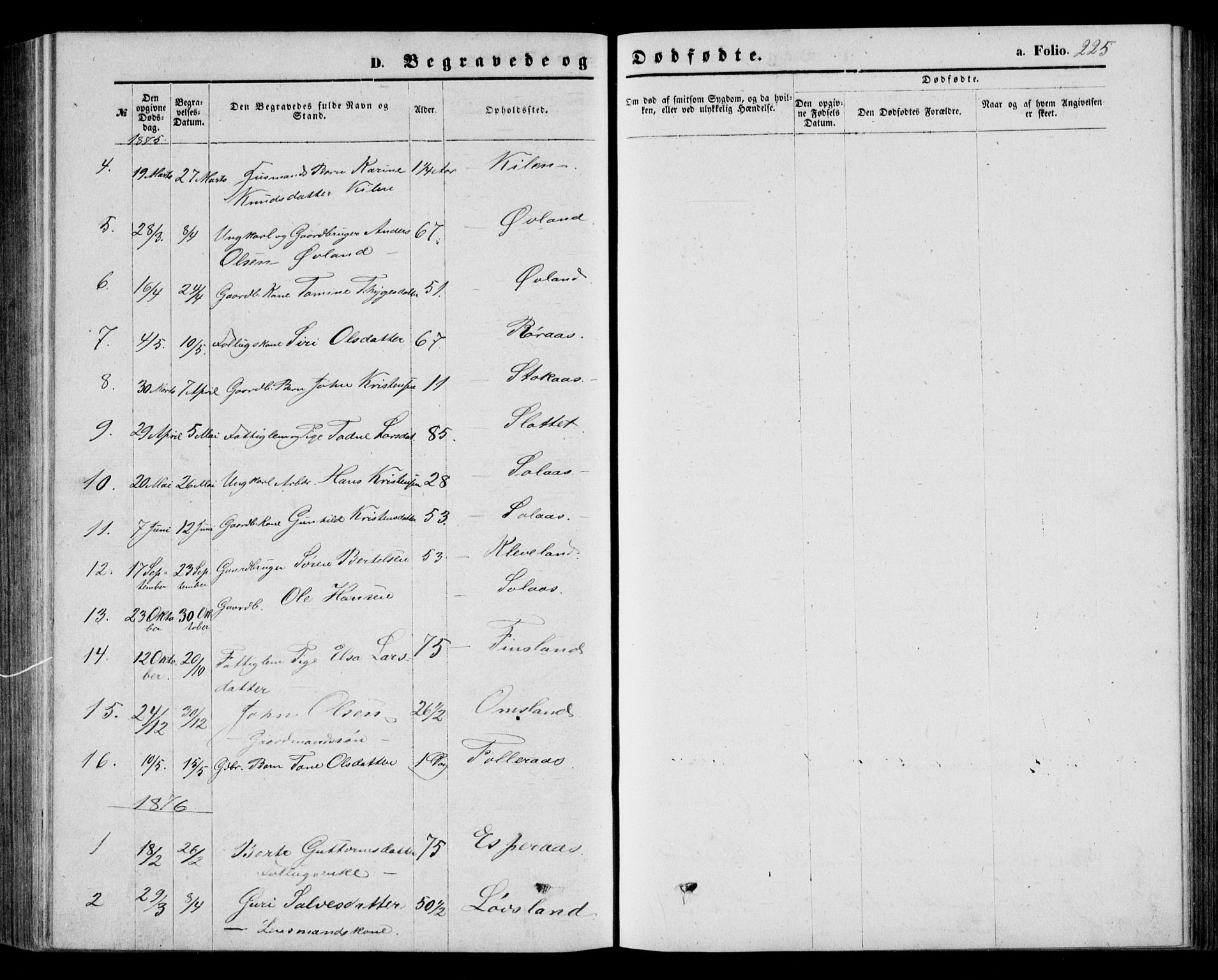 Bjelland sokneprestkontor, SAK/1111-0005/F/Fb/Fbb/L0004: Parish register (copy) no. B 4, 1867-1887, p. 225