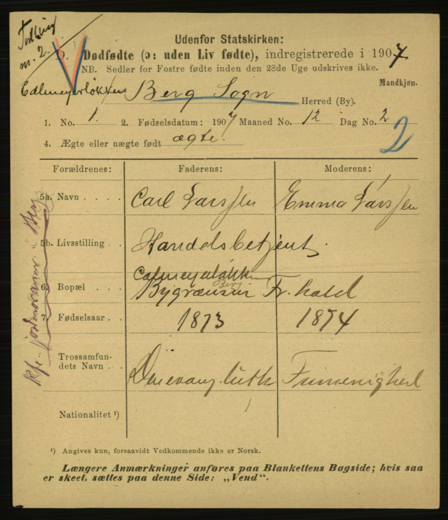 Statistisk sentralbyrå, Sosiodemografiske emner, Befolkning, AV/RA-S-2228/E/L0005: Fødte, gifte, døde dissentere., 1907, p. 3021