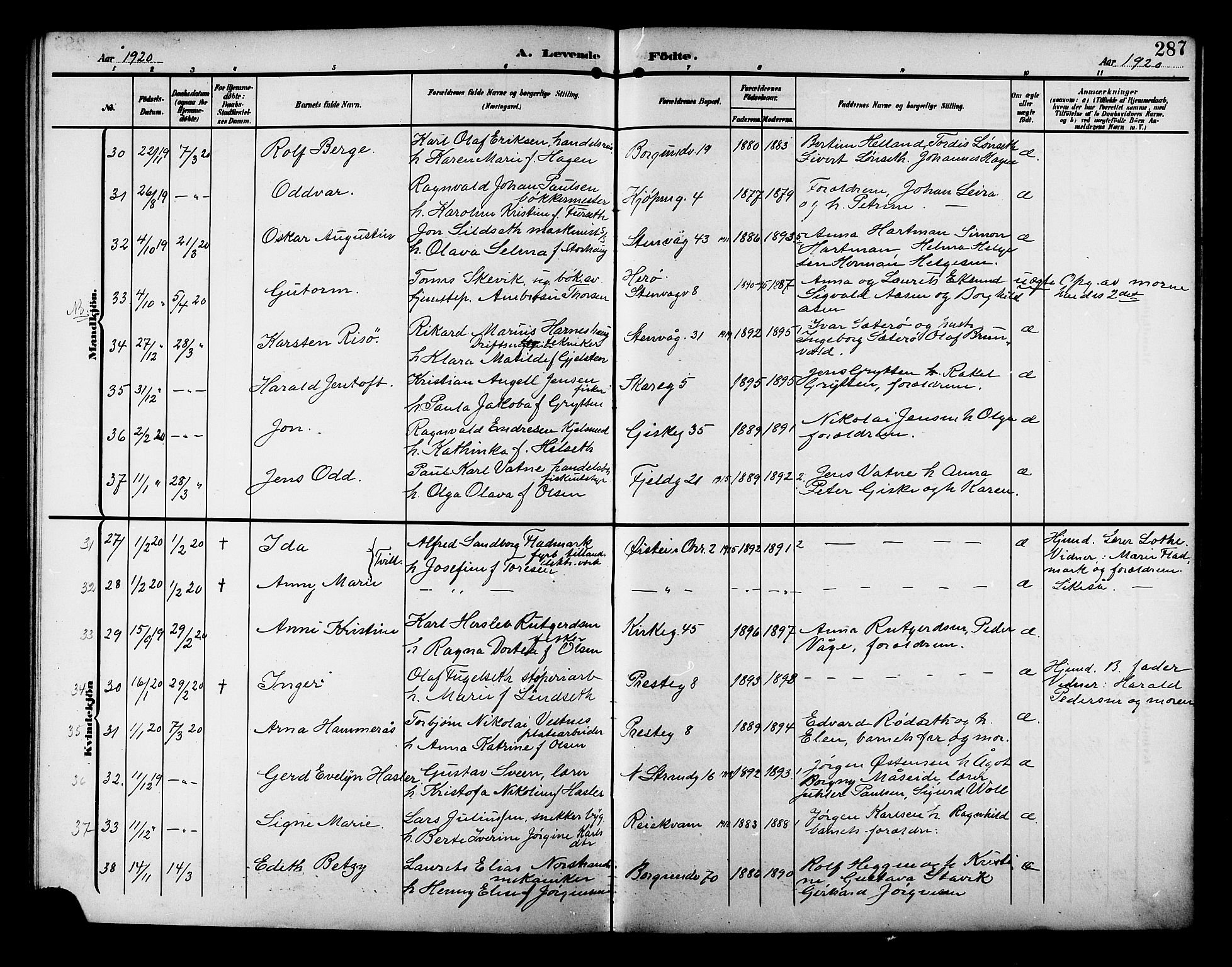 Ministerialprotokoller, klokkerbøker og fødselsregistre - Møre og Romsdal, AV/SAT-A-1454/529/L0471: Parish register (copy) no. 529C08, 1909-1921, p. 287