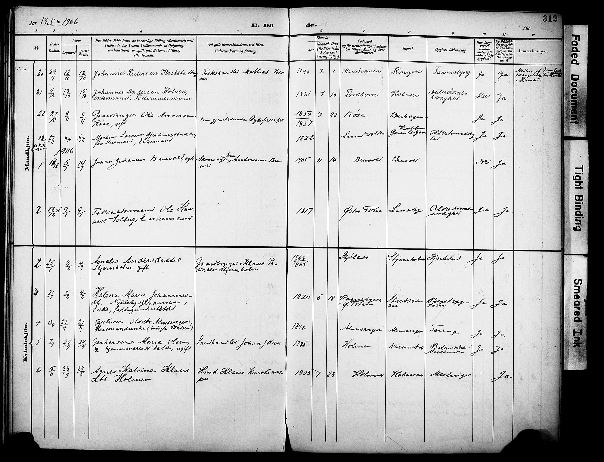 Vestre Toten prestekontor, SAH/PREST-108/H/Ha/Haa/L0013: Parish register (official) no. 13, 1895-1911, p. 312