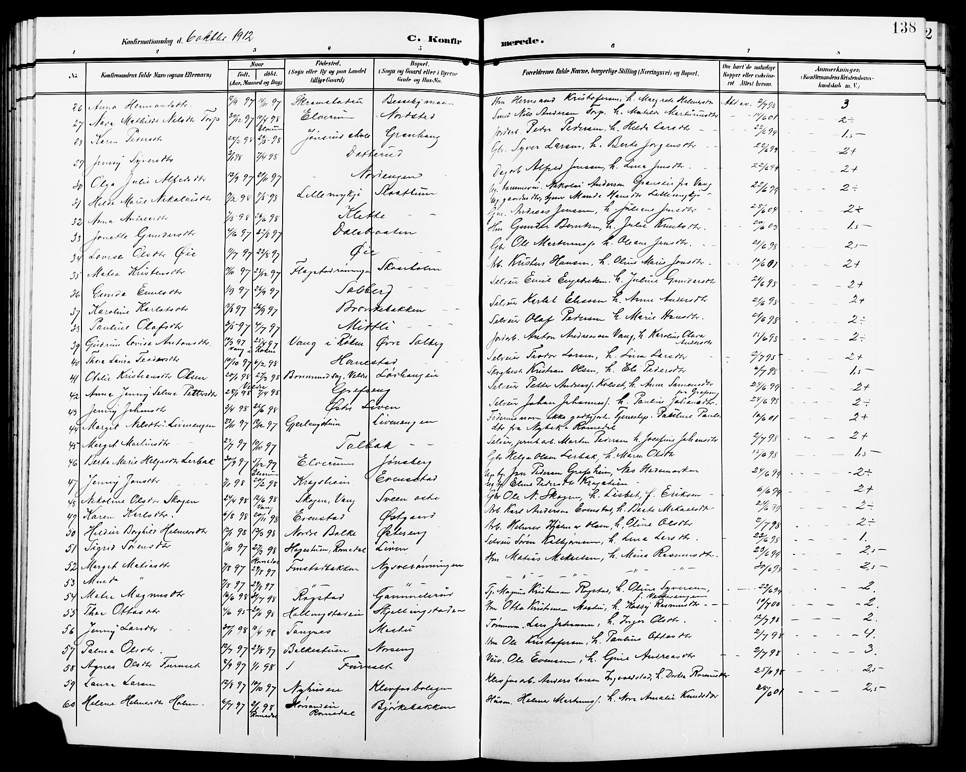 Løten prestekontor, SAH/PREST-022/L/La/L0007: Parish register (copy) no. 7, 1910-1919, p. 138