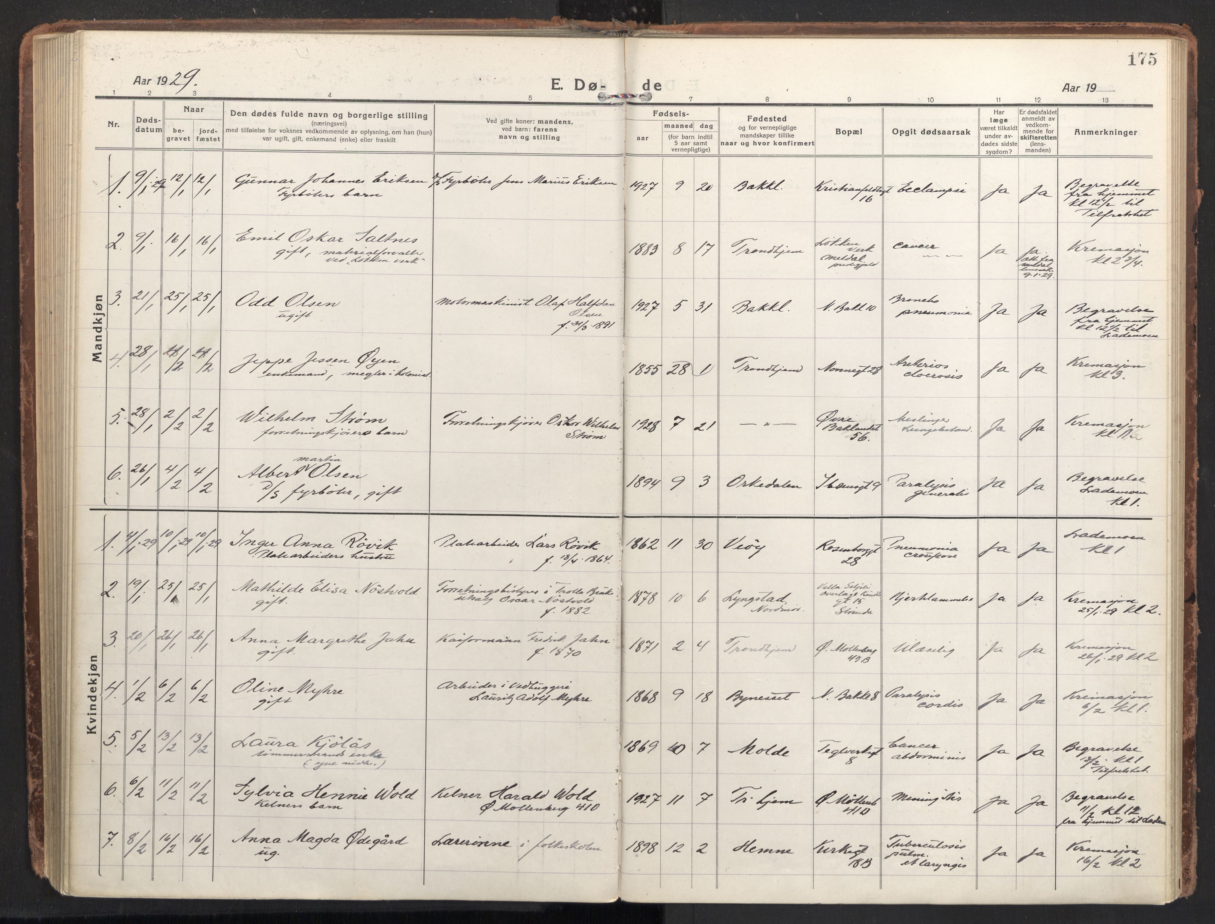 Ministerialprotokoller, klokkerbøker og fødselsregistre - Sør-Trøndelag, SAT/A-1456/604/L0207: Parish register (official) no. 604A27, 1917-1933, p. 175