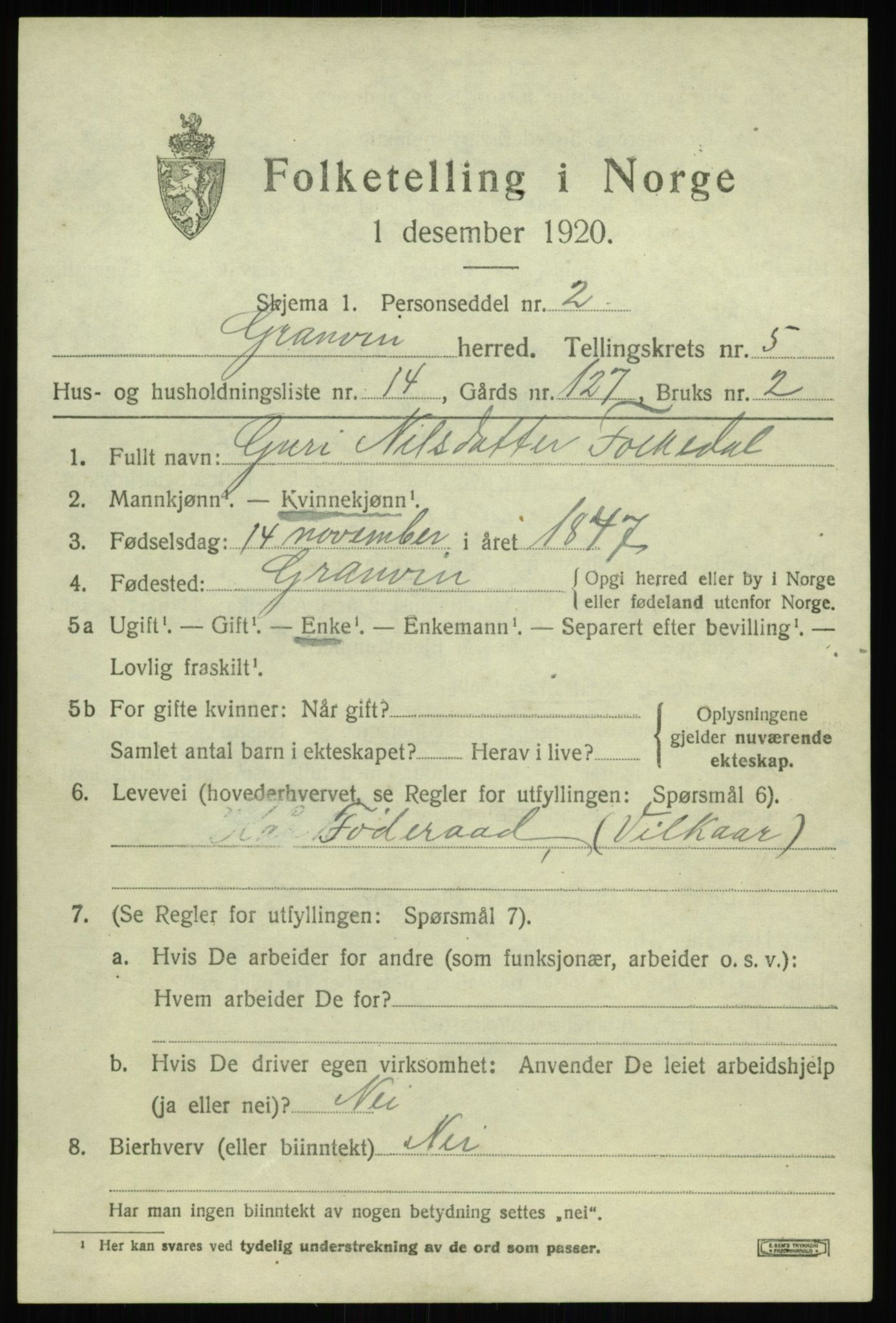 SAB, 1920 census for Granvin, 1920, p. 2520