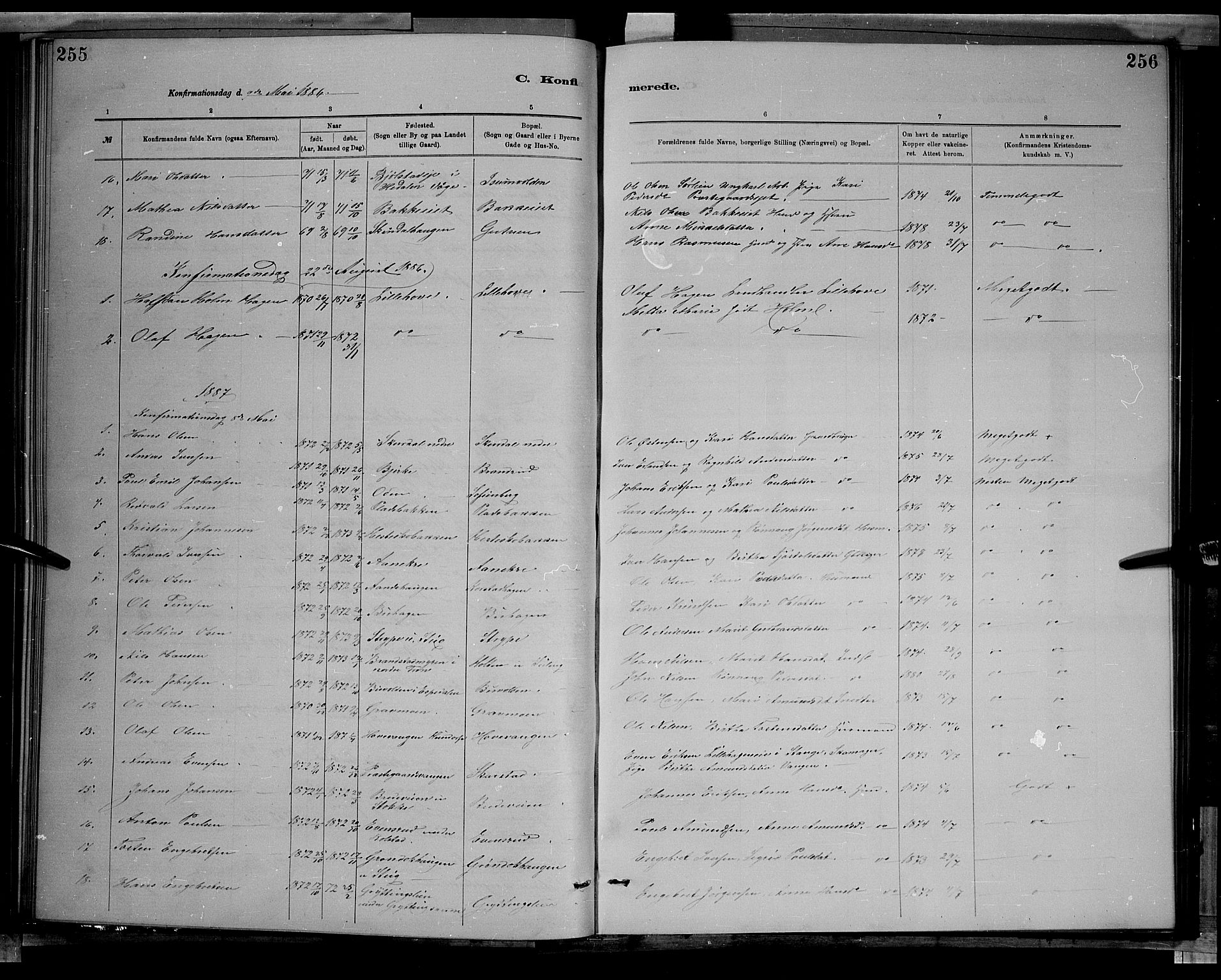 Sør-Fron prestekontor, SAH/PREST-010/H/Ha/Hab/L0003: Parish register (copy) no. 3, 1884-1896, p. 255-256