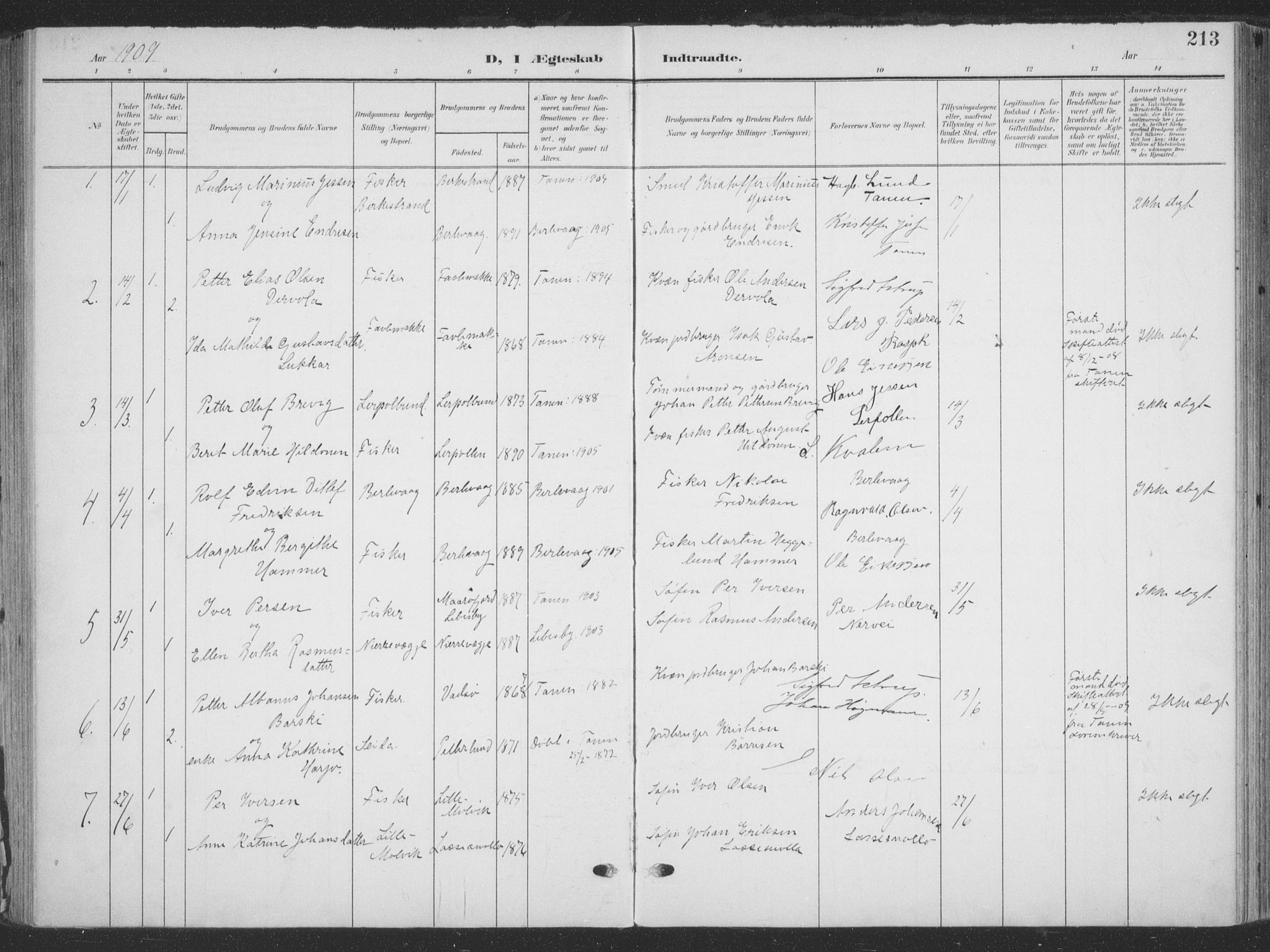 Tana sokneprestkontor, SATØ/S-1334/H/Ha/L0007kirke: Parish register (official) no. 7, 1904-1918, p. 213
