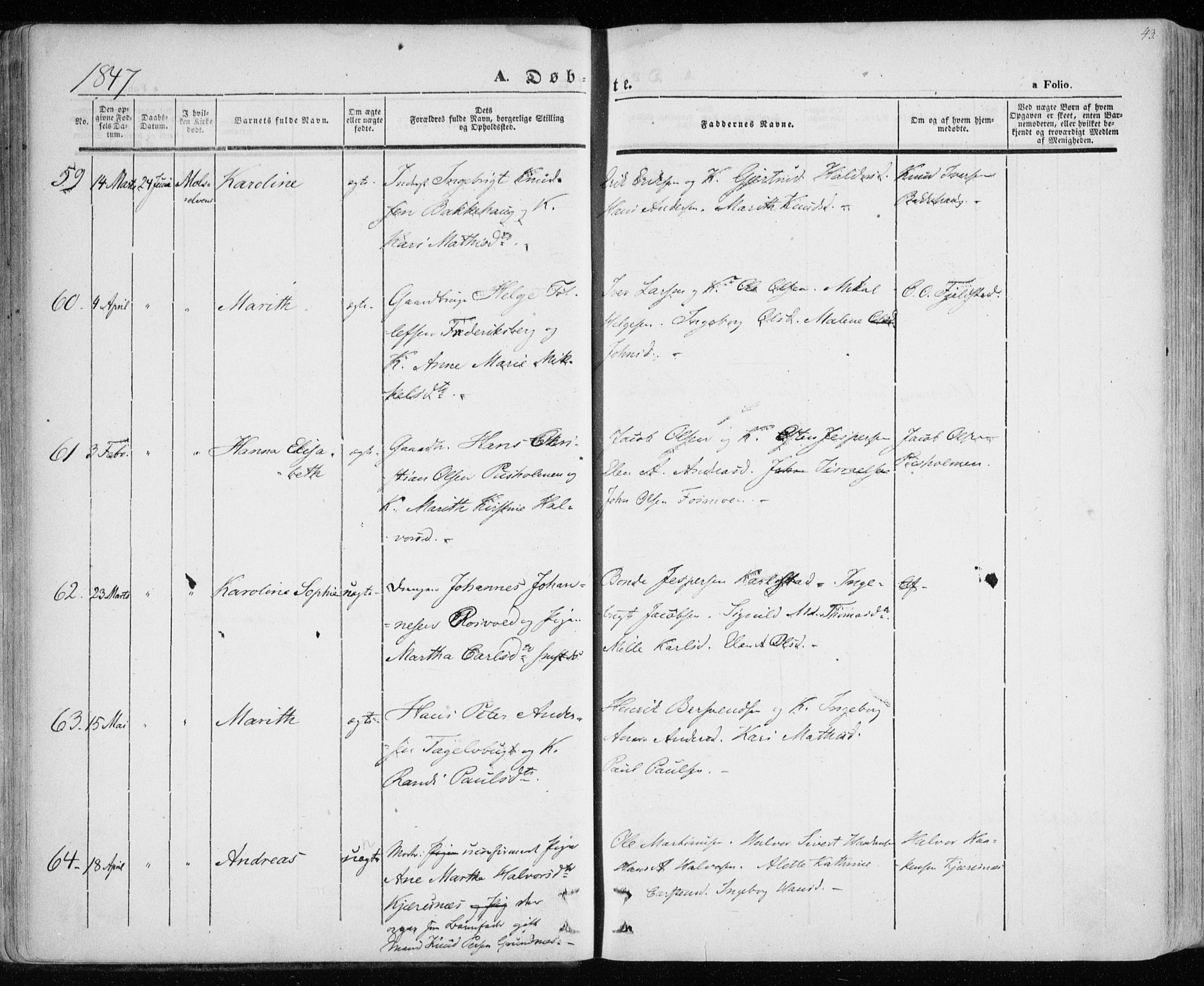 Lenvik sokneprestembete, AV/SATØ-S-1310/H/Ha/Haa/L0006kirke: Parish register (official) no. 6, 1845-1854, p. 43