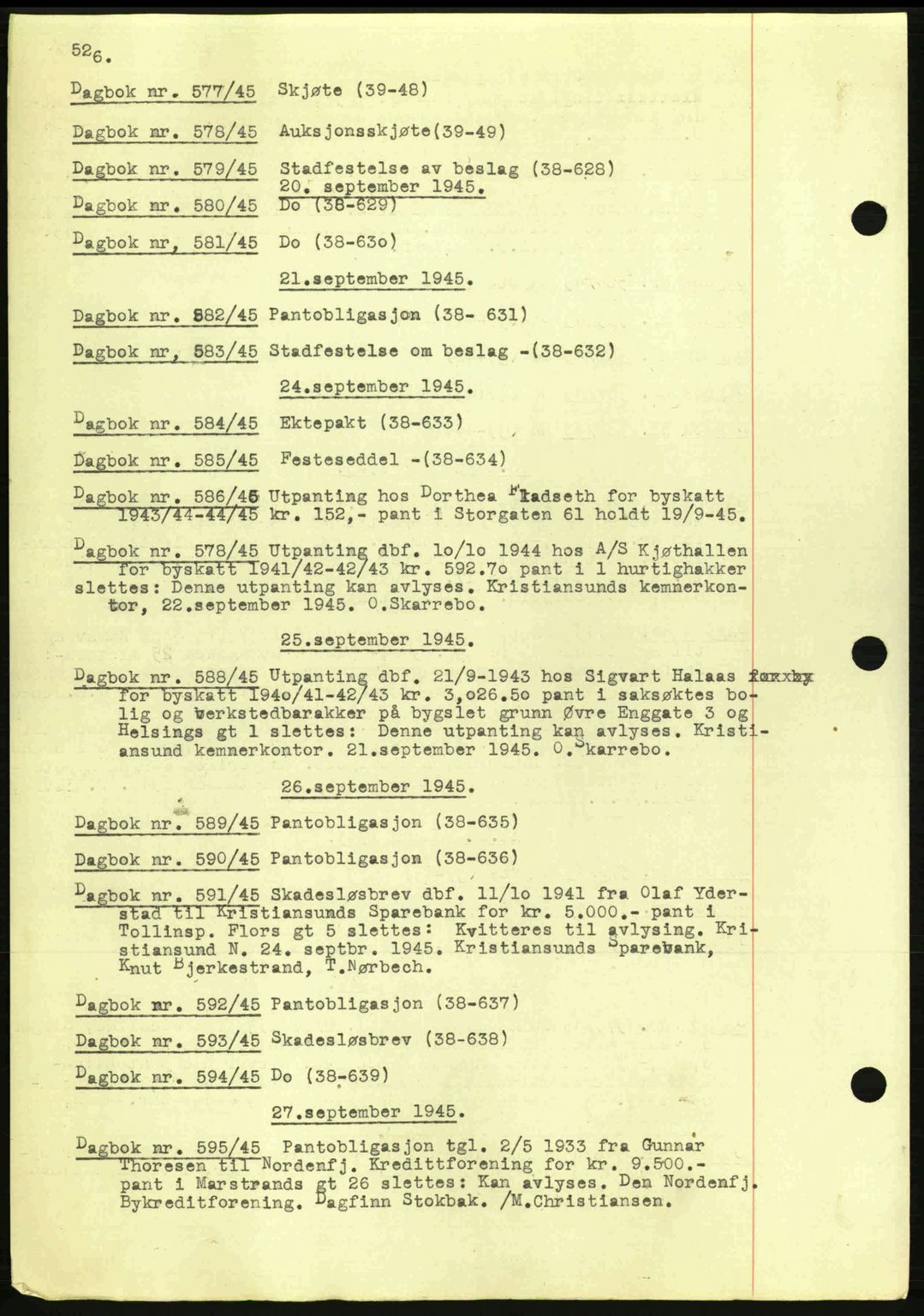 Kristiansund byfogd, SAT/A-4587/A/27: Mortgage book no. 32a, 1938-1946, Diary no: : 578/1945