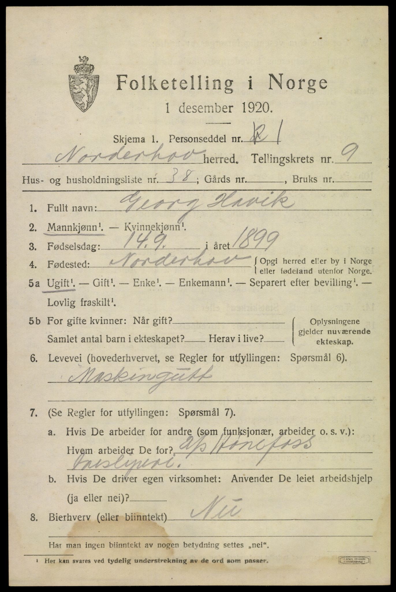 SAKO, 1920 census for Norderhov, 1920, p. 11609