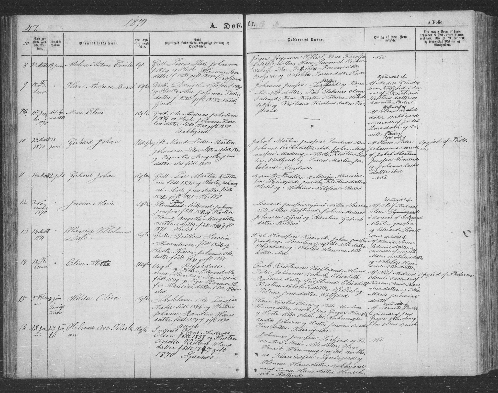 Lenvik sokneprestembete, SATØ/S-1310/H/Ha/Hab/L0020klokker: Parish register (copy) no. 20, 1855-1883, p. 47