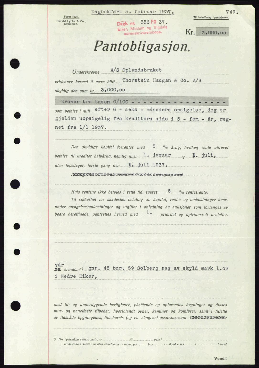 Eiker, Modum og Sigdal sorenskriveri, SAKO/A-123/G/Ga/Gab/L0034: Mortgage book no. A4, 1936-1937, Diary no: : 336/1937