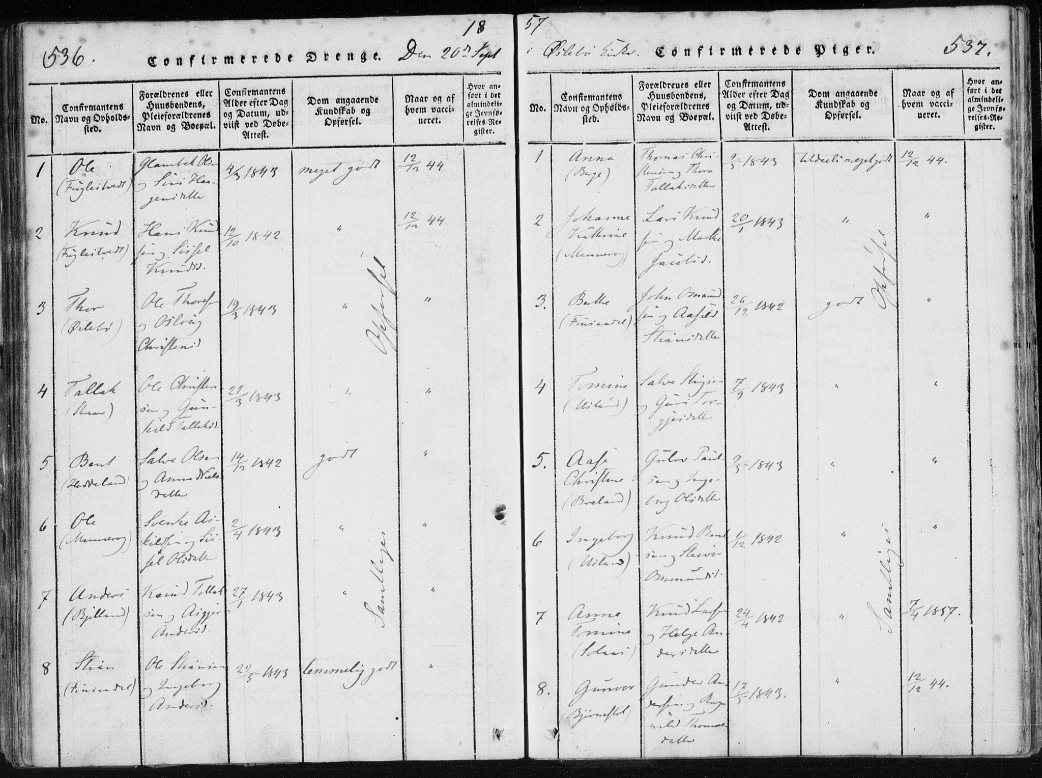 Holum sokneprestkontor, AV/SAK-1111-0022/F/Fa/Fac/L0002: Parish register (official) no. A 2, 1821-1859, p. 536-537