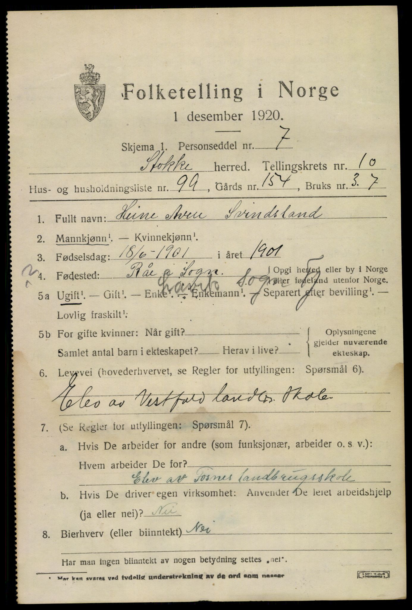 SAKO, 1920 census for Stokke, 1920, p. 12220