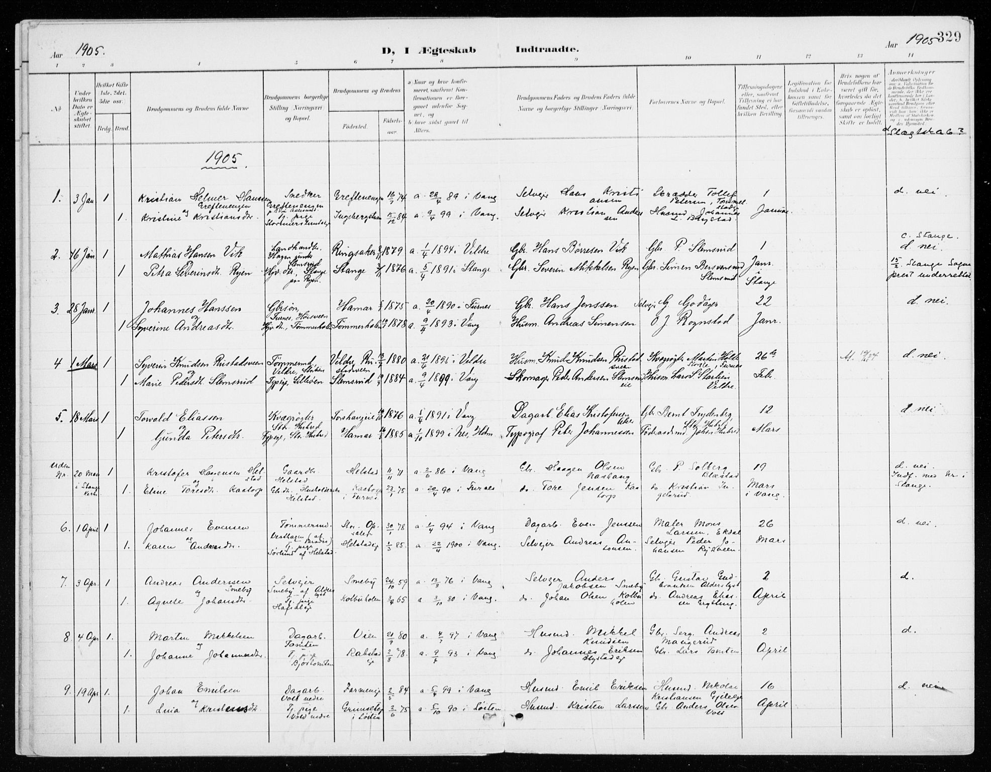 Vang prestekontor, Hedmark, SAH/PREST-008/H/Ha/Haa/L0021: Parish register (official) no. 21, 1902-1917, p. 329